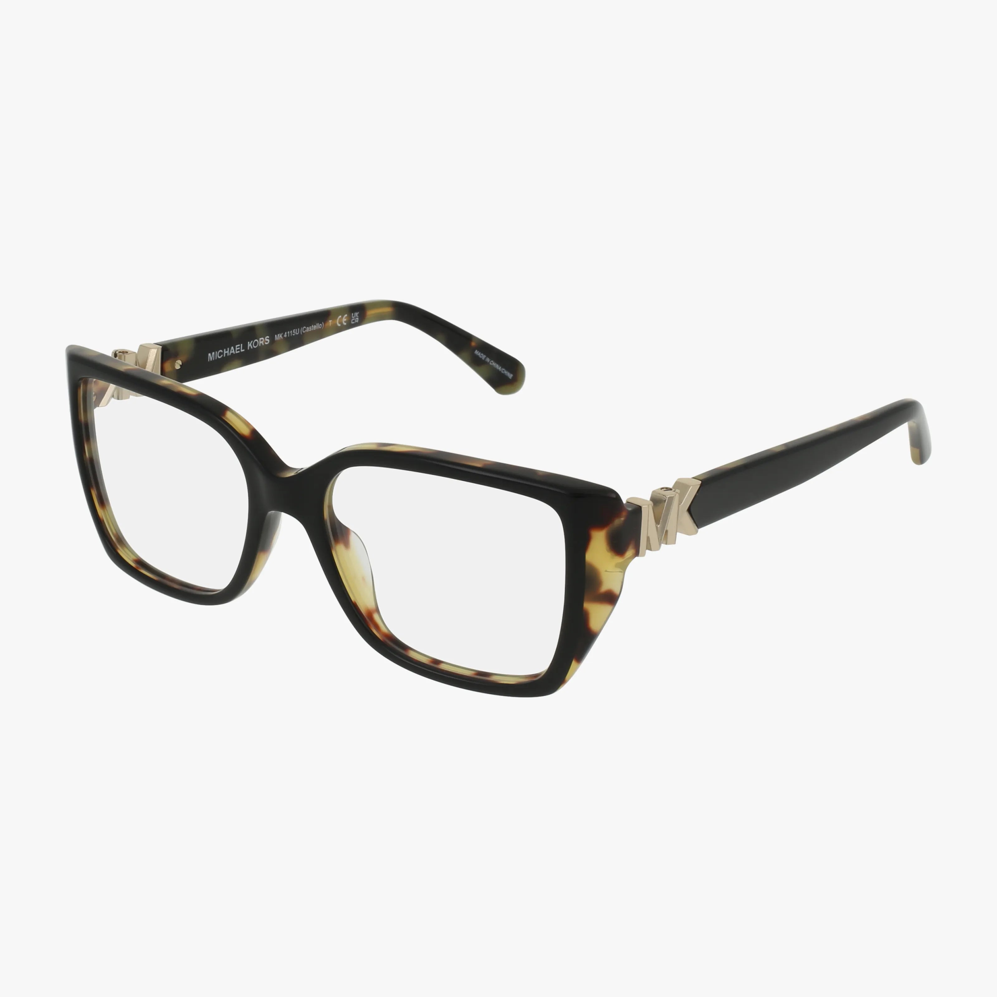 Michael Kors MK4115U eyeglasses feature tortoiseshell rectangular frames with thick, durable design and a gold MK logo on black arms. Shown on a white background, theyre the perfect choice for stylish fashion eyewear.