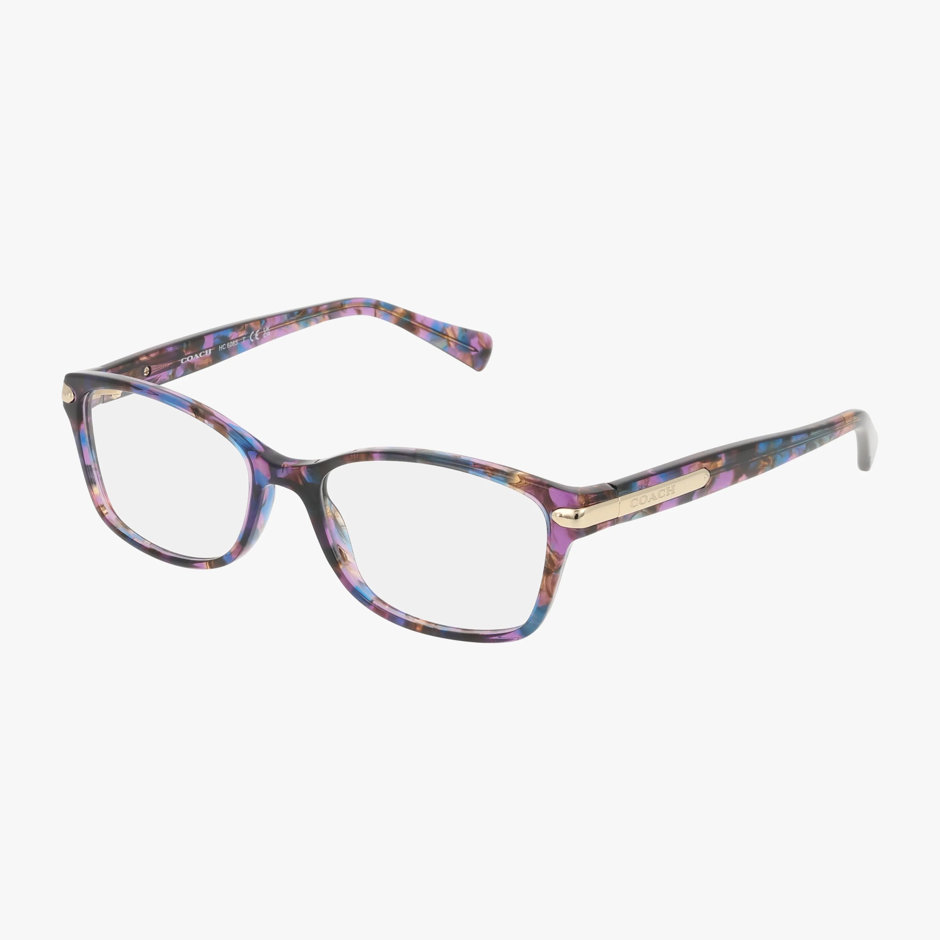 Coach HC6065 rectangular eyeglasses feature a multicolored marbled frame in purple, blue, pink, and gold with slim metal accents on the arms, adding vibrant flair to your style. Shown on a white background.