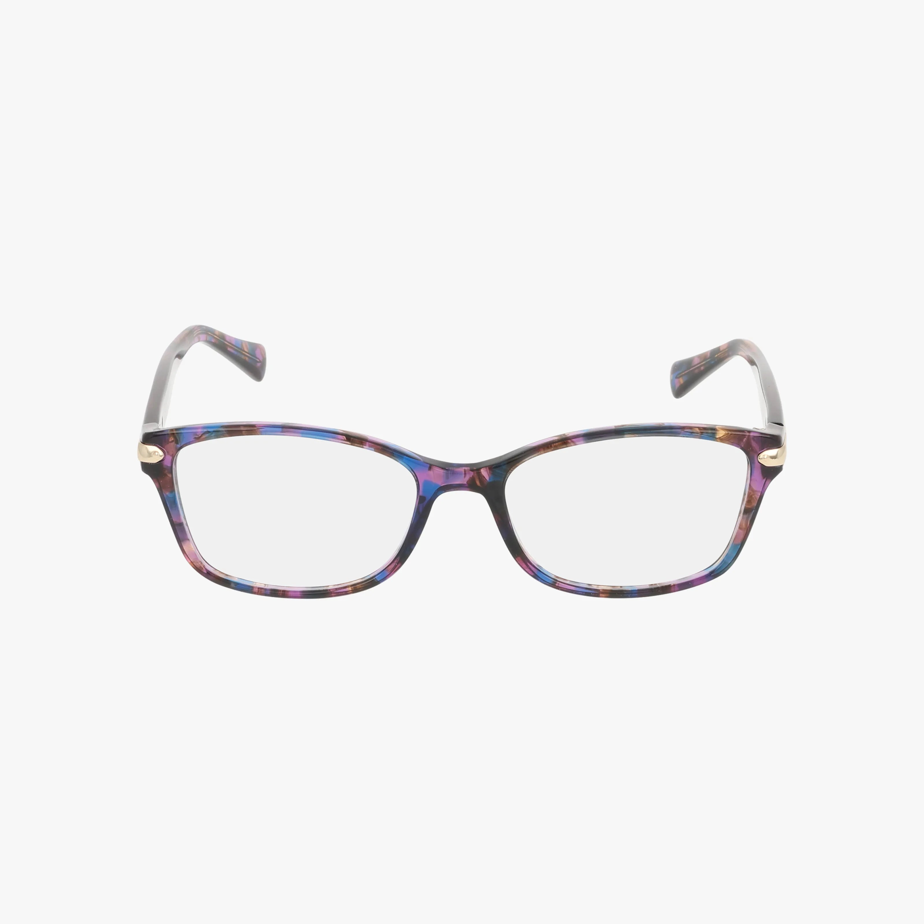 Coach HC6065 rectangular eyewear features clear lenses and a multicolored, marbled frame in purple, blue, and brown tones, reminiscent of tortoise designs, shown on a white background.