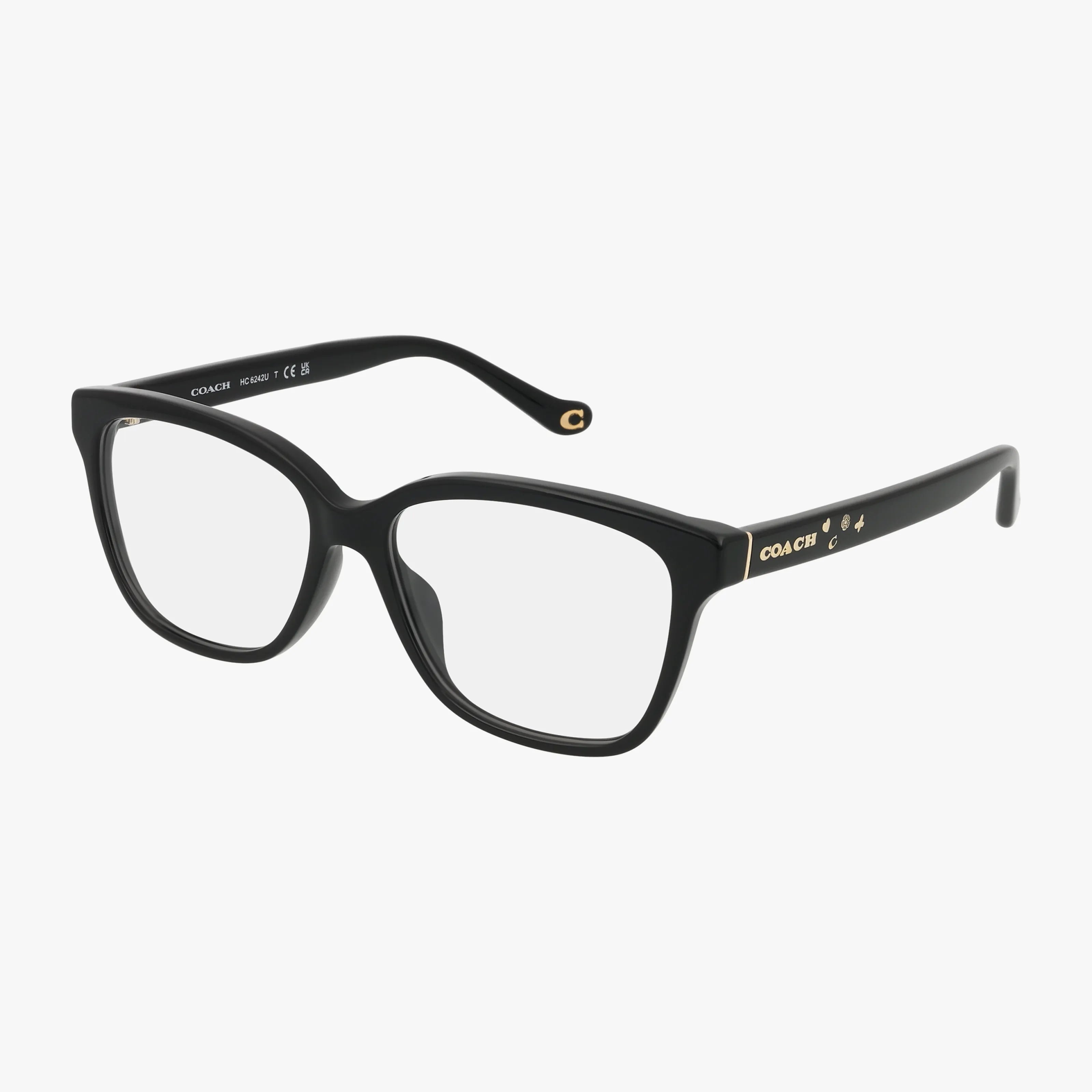 Coach HC6242U eyewear frames feature rectangular lenses, rose gold Coach logos and flower accents on the arms, and sleek curved temples for a modern, refined style.