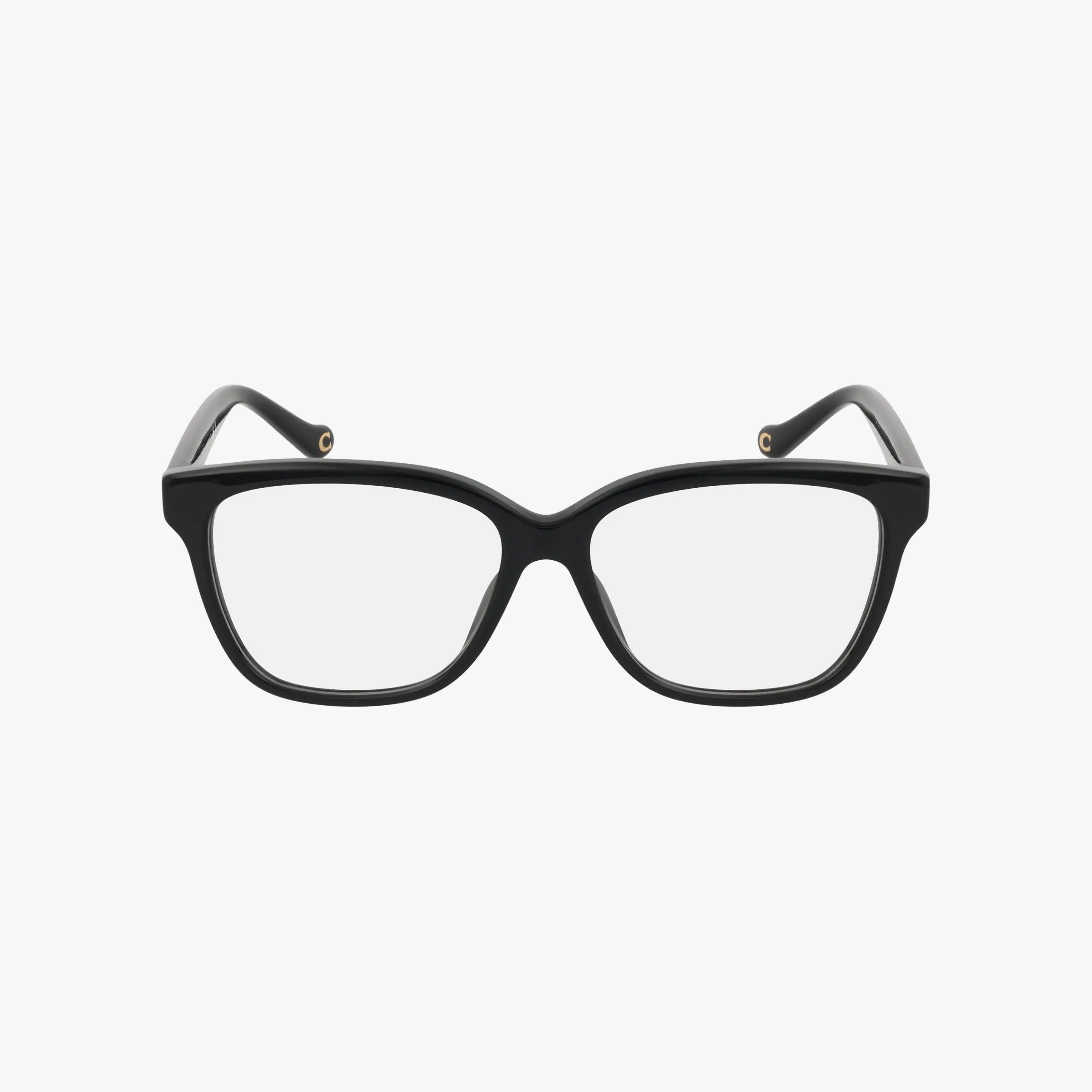 The Coach HC6242U is a pair of black rectangular eyewear with clear lenses and subtle rose gold accents, shown against a plain white background.