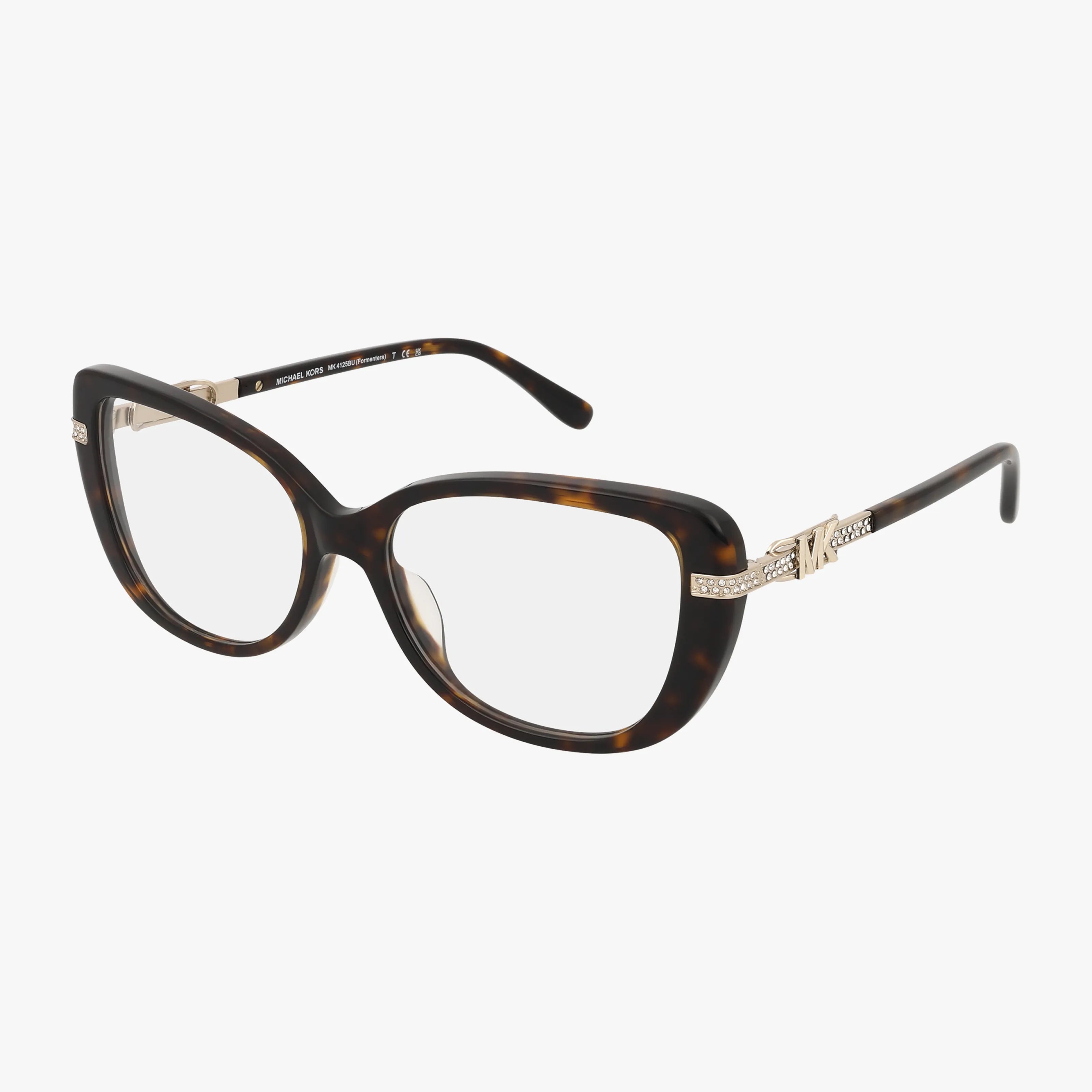 Michael Kors MK4125BU tortoiseshell rectangular eyewear with gold accents and rhinestones on the temples, shown against a white background.