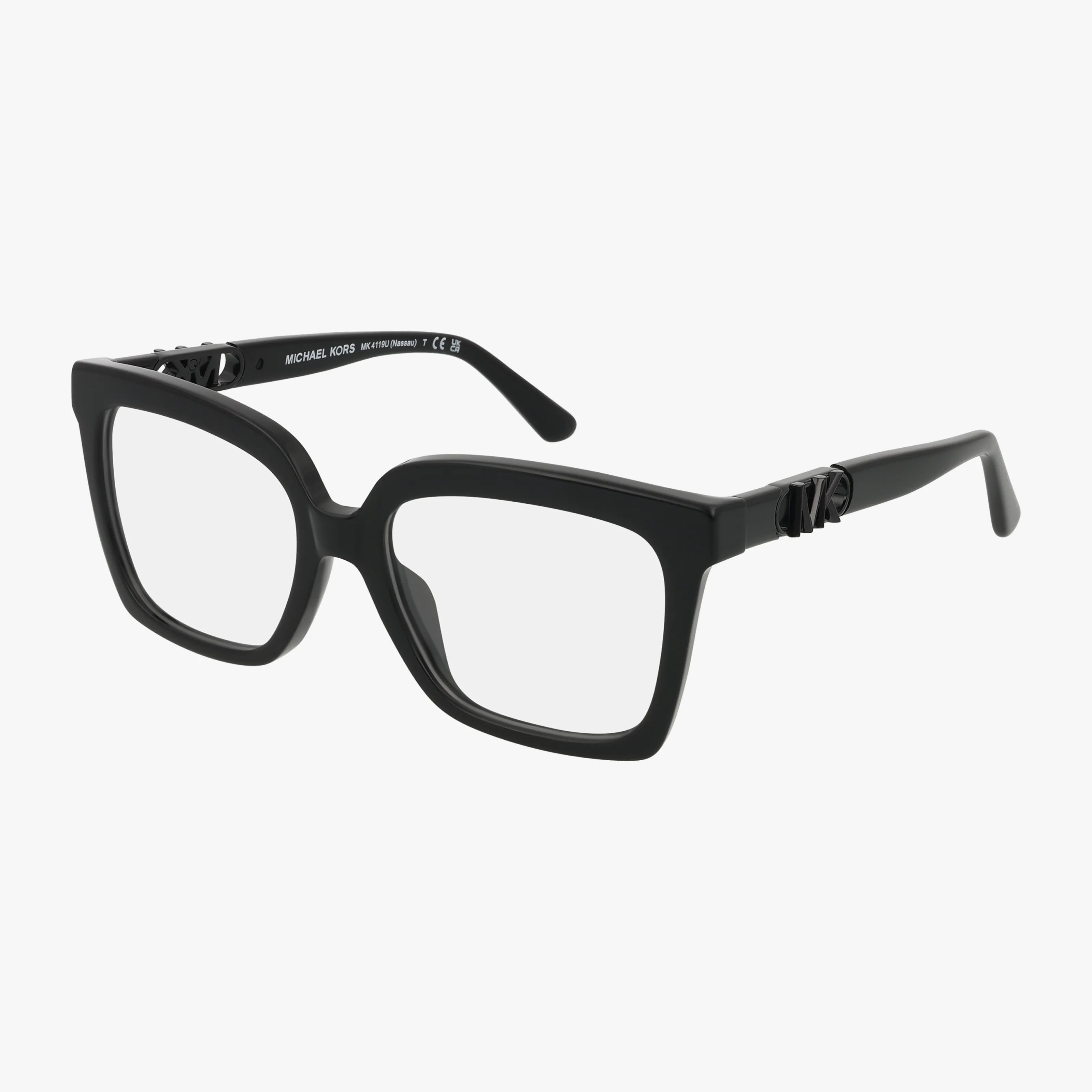 Michael Kors MK4119U black square eyeglass frames with clear blue light lenses feature subtle arm detailing near the hinges. These stylish frames are shown on a white background.