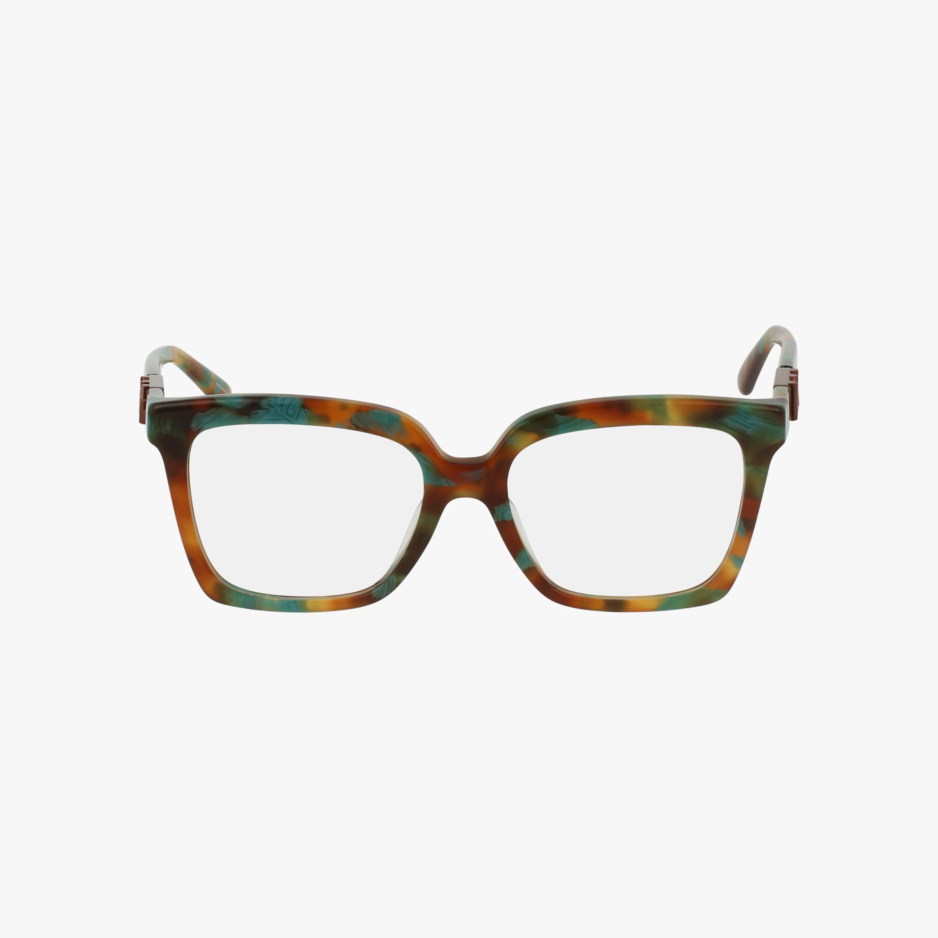 Front view of Michael Kors MK4119U eyeglass frames featuring a bold, multicolored green, brown, and amber tortoiseshell design—ideal for blue light lenses or fans of signature Michael Kors eyewear.