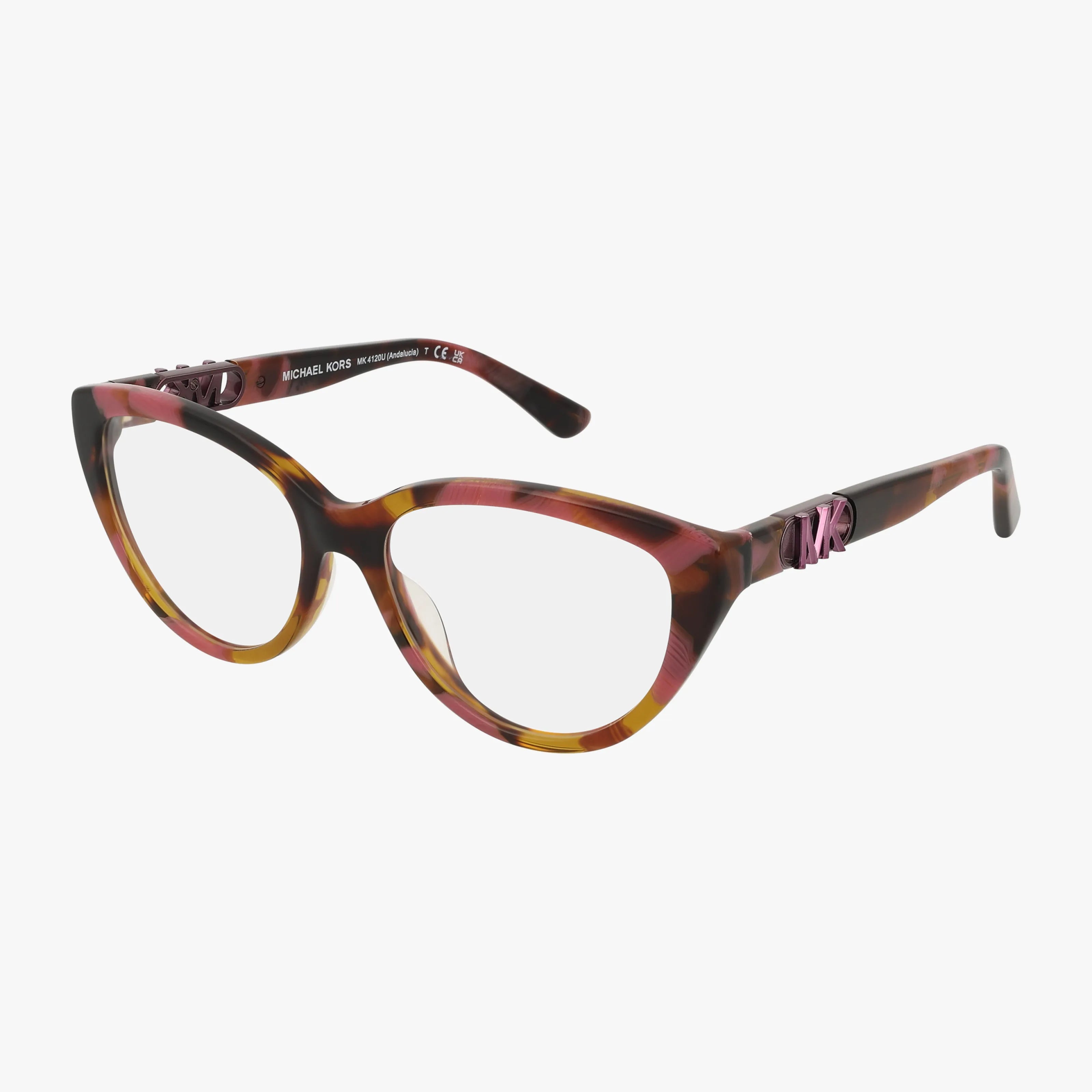 The Michael Kors MK4120U cat-eye eyewear features a brown, pink, and yellow multicolored tortoiseshell frame with a pink logo on the arms—ideal for anyone shopping online for stylish designer frames.