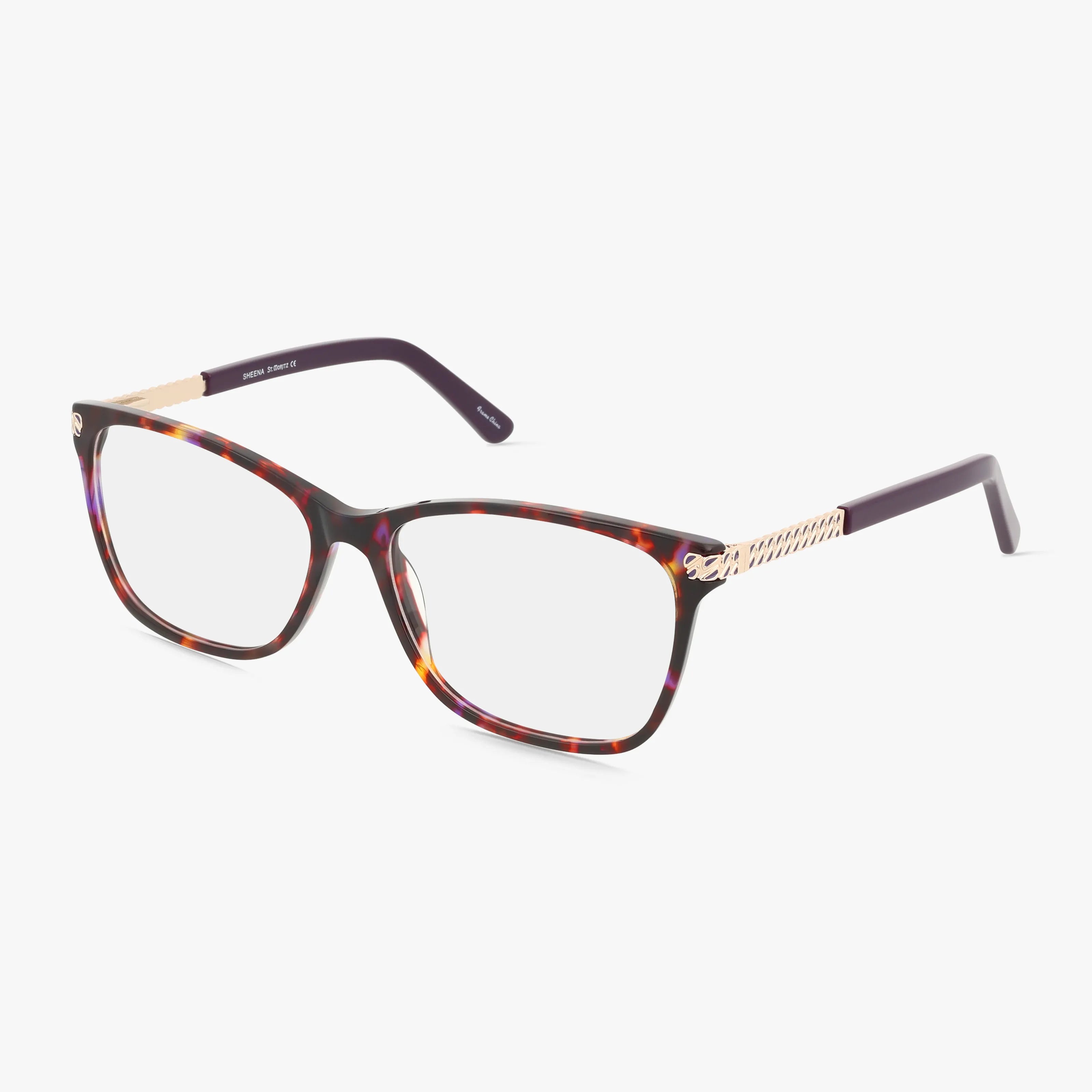 The SHEENA by St. Moritz is a pair of rectangular eyeglasses in Purple Light, featuring classic style and modern design, displayed on a white background.
