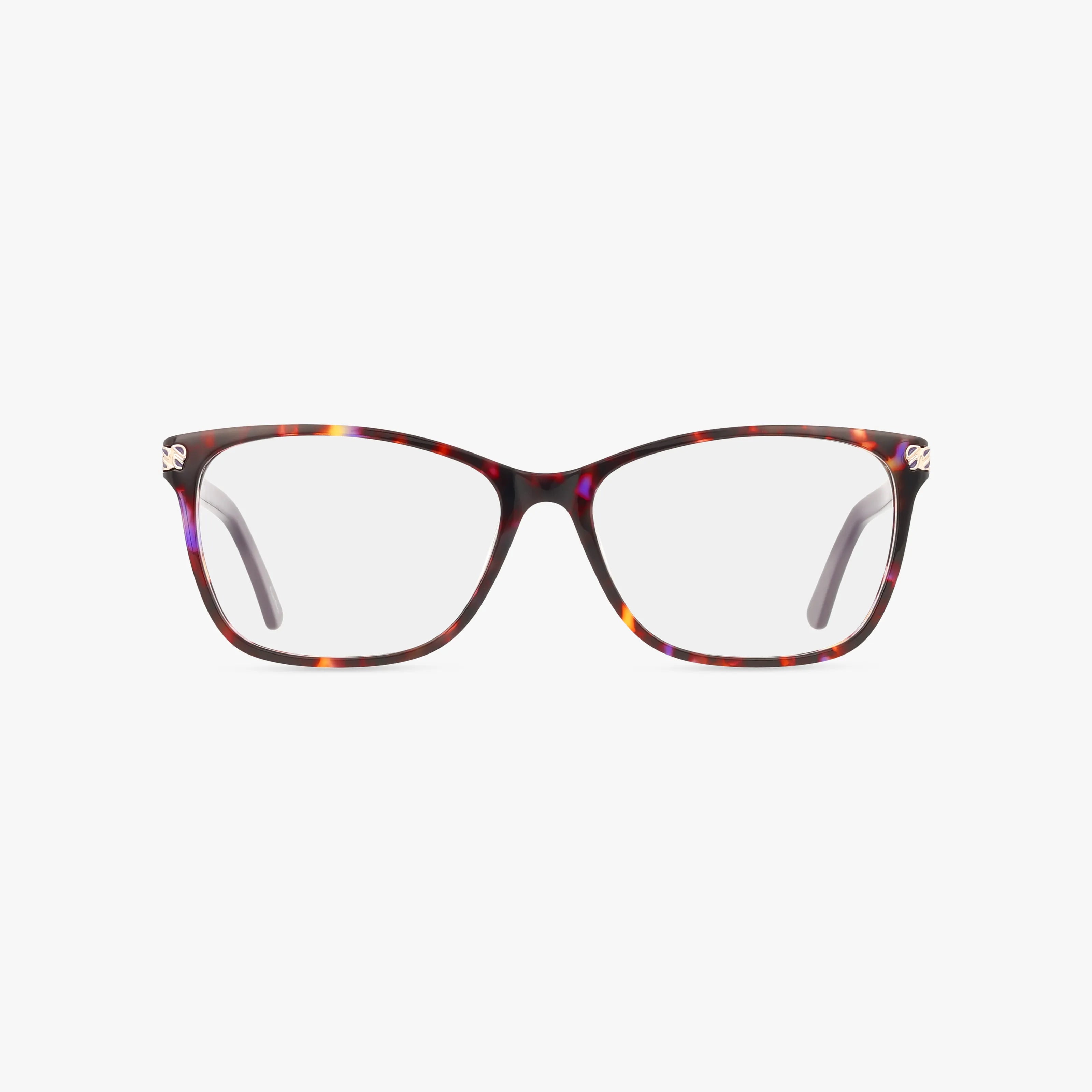 The SHEENA by St. Moritz features rectangular lenses and a brown tortoiseshell frame with stylish orange and purple accents, displayed on a white background.
