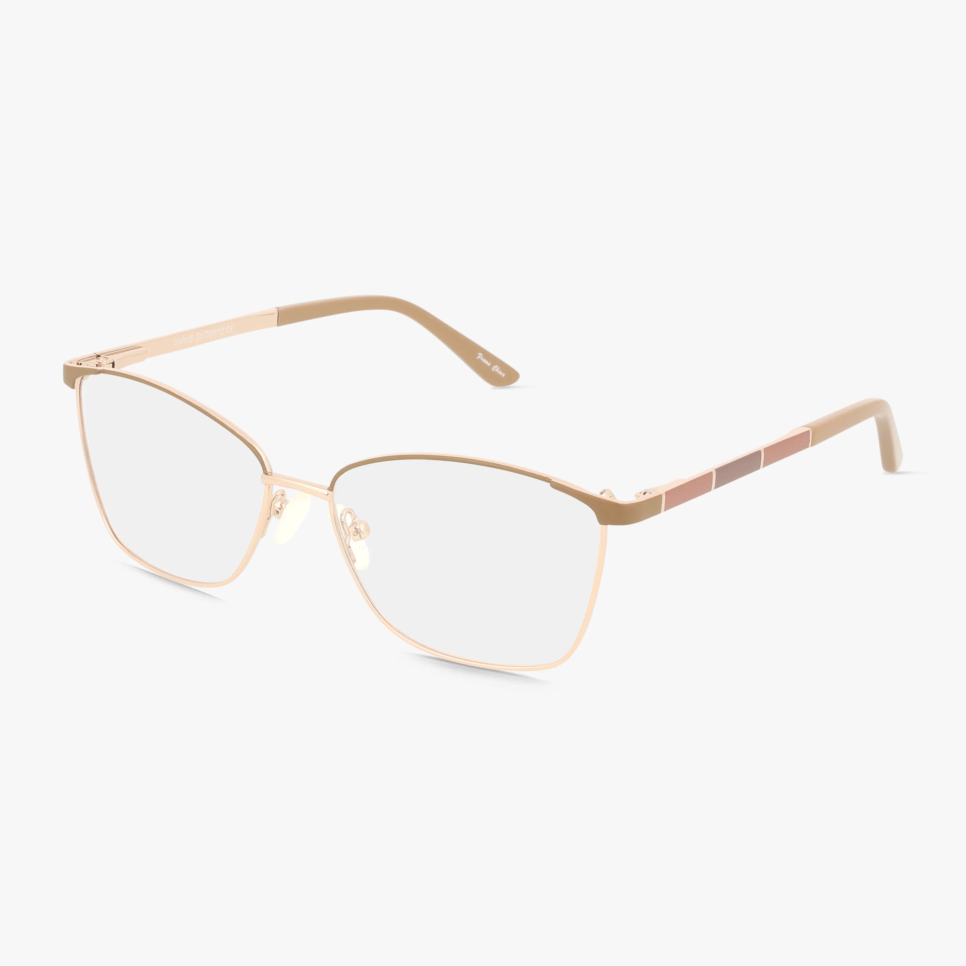 The ANNIE by St. Moritz features thin metal eyeglasses in a brown taupe hue with clear lenses, a modern rectangular frame, and subtle rose gold accents on the temples ending in beige tips. Displayed on a white background; ideal for daily wear.