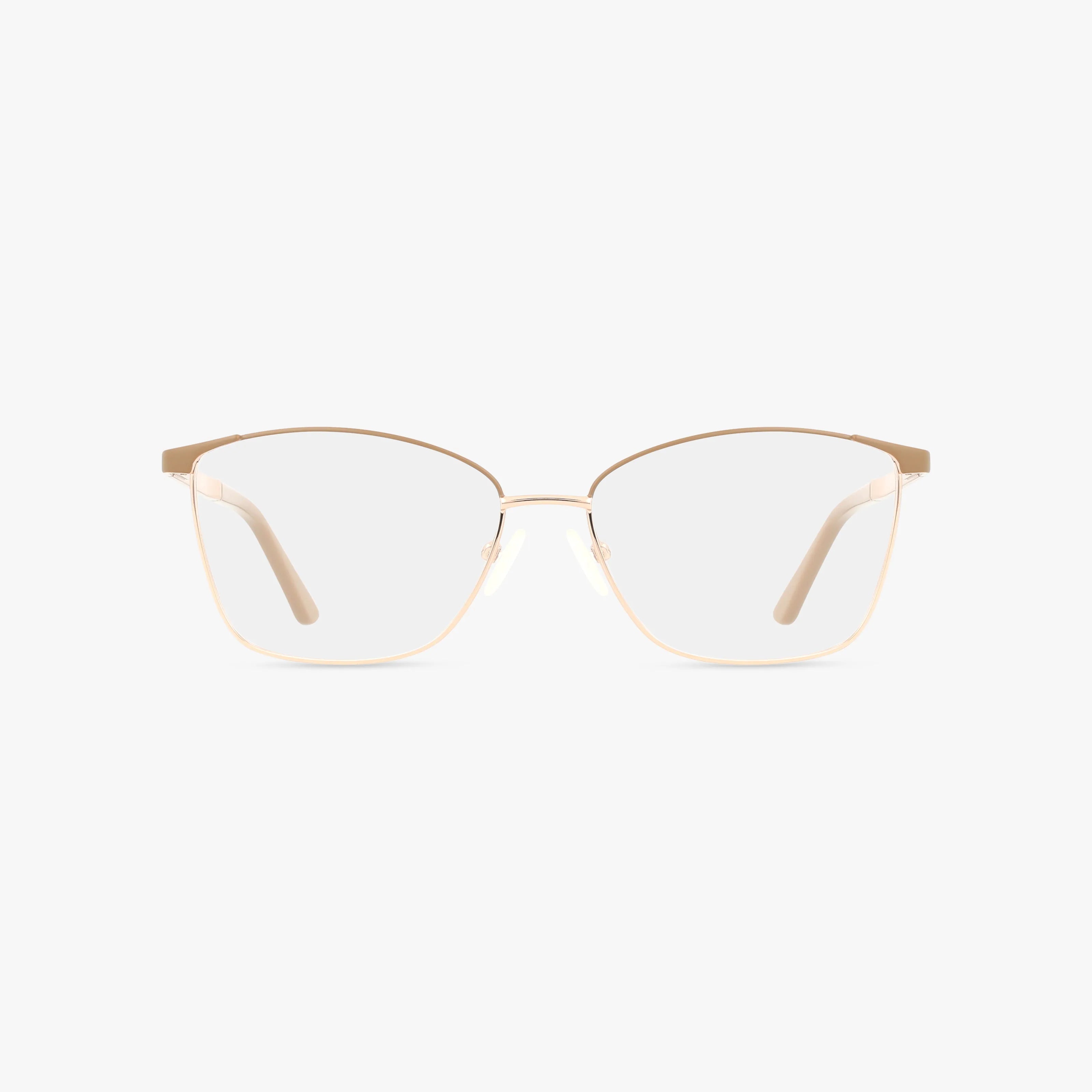 The ANNIE eyeglasses by St. Moritz feature gold metal, thin round-edged square frames and clear lenses for a modern look, perfect for daily wear, shown from the front on a plain white background.