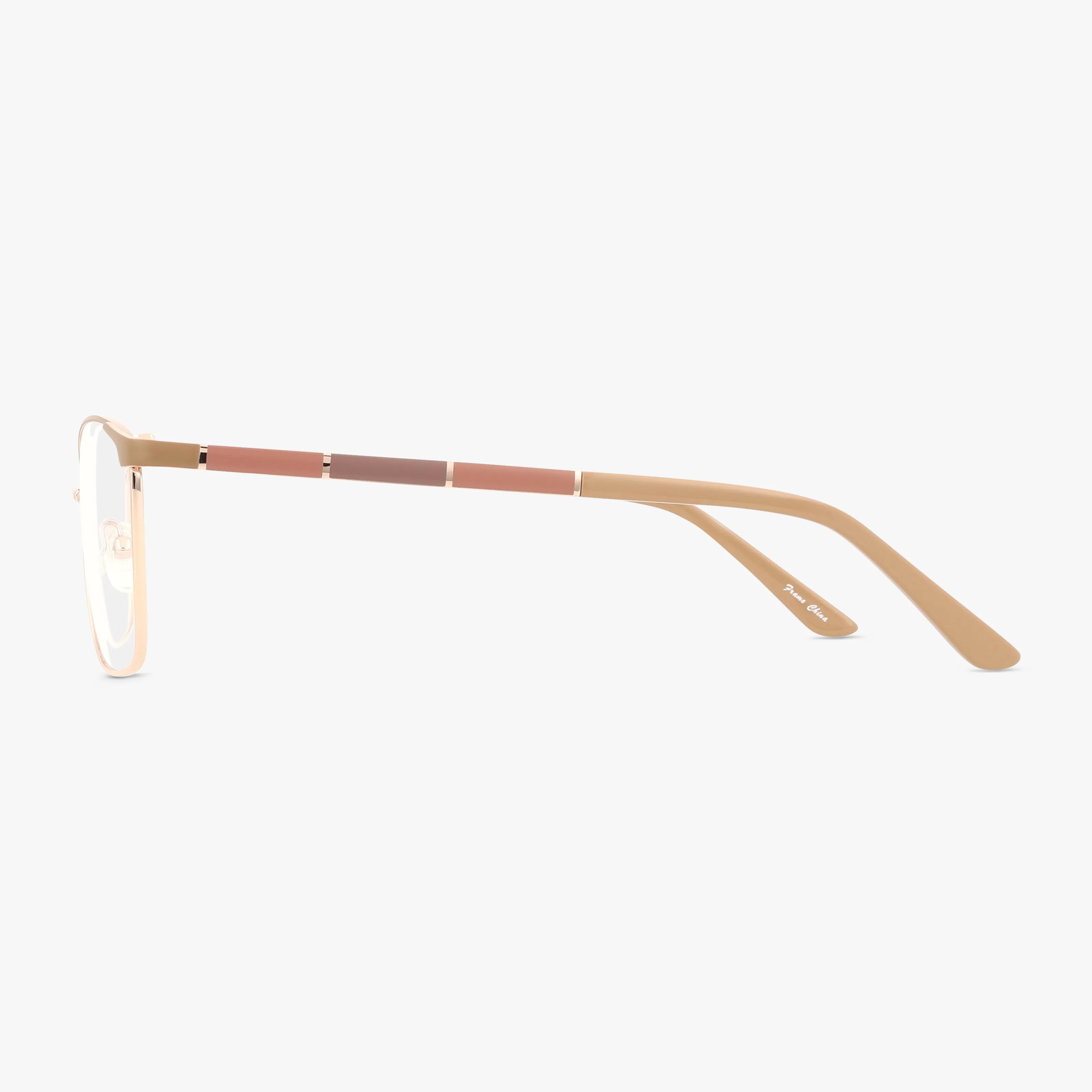 Side view of ANNIE by St. Moritz: a contemporary gold metal frame with color-blocked pink, mauve, and brown arms—ideal for daily wear and prescription lenses, shown on a white background.