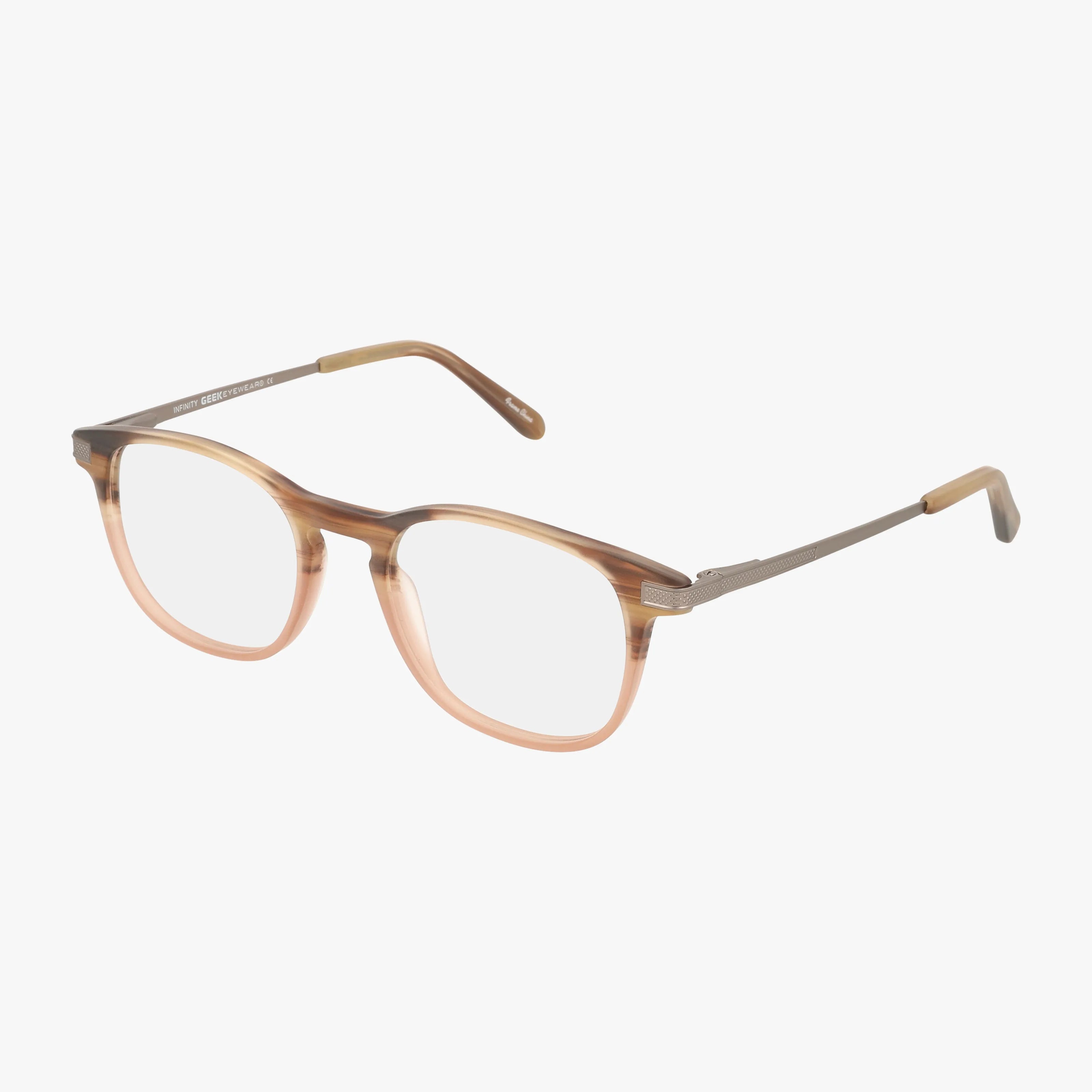 The INFINITY by Urban Specs features round, brown matte frames with thin metallic temples, blending stylish design and lasting comfort. Displayed on a white background.