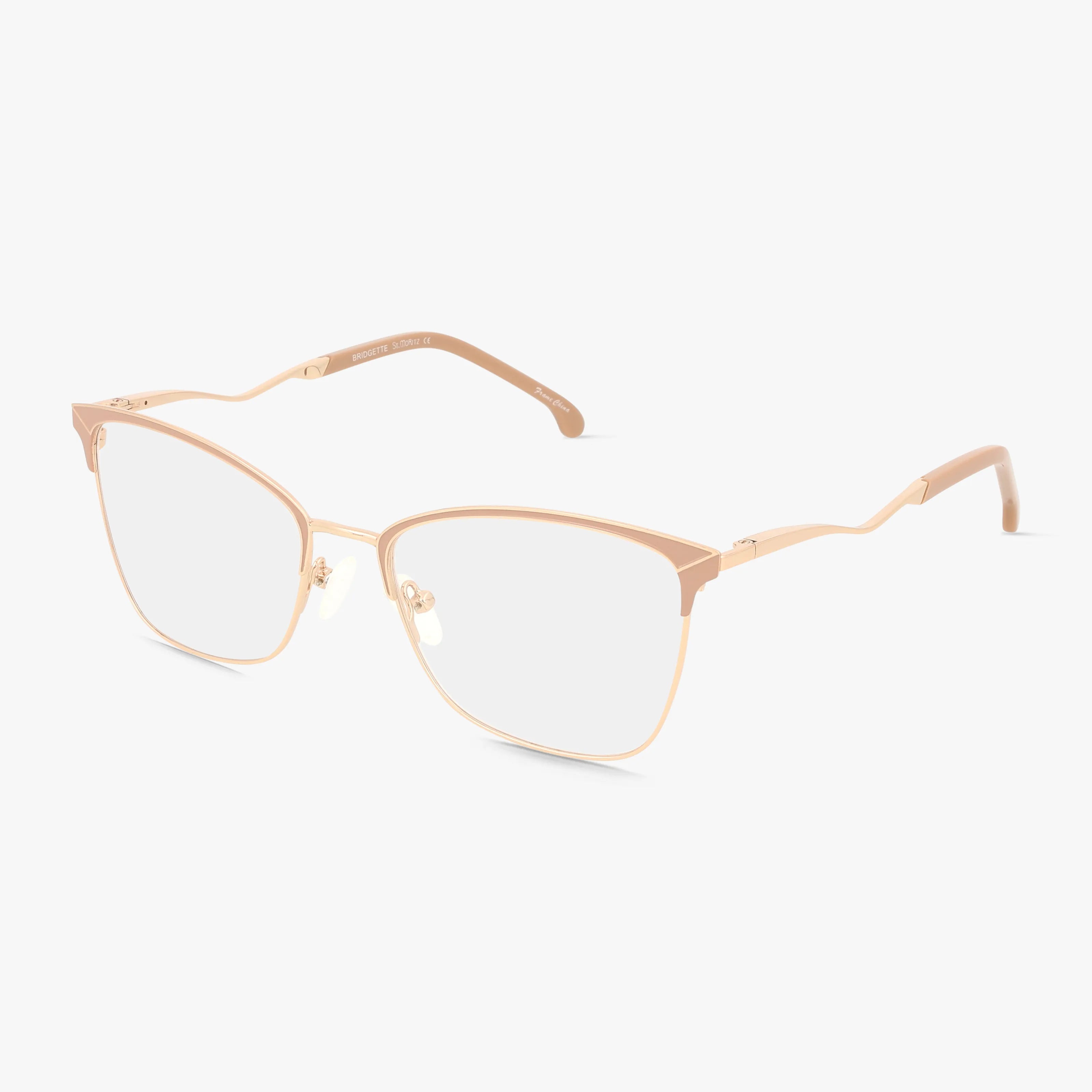 The St. Moritz BRIDGETTE eyeglasses feature modern, thin gold metal frames with clear lenses and subtly angular rectangular design, offering distinct style and function against a white background.