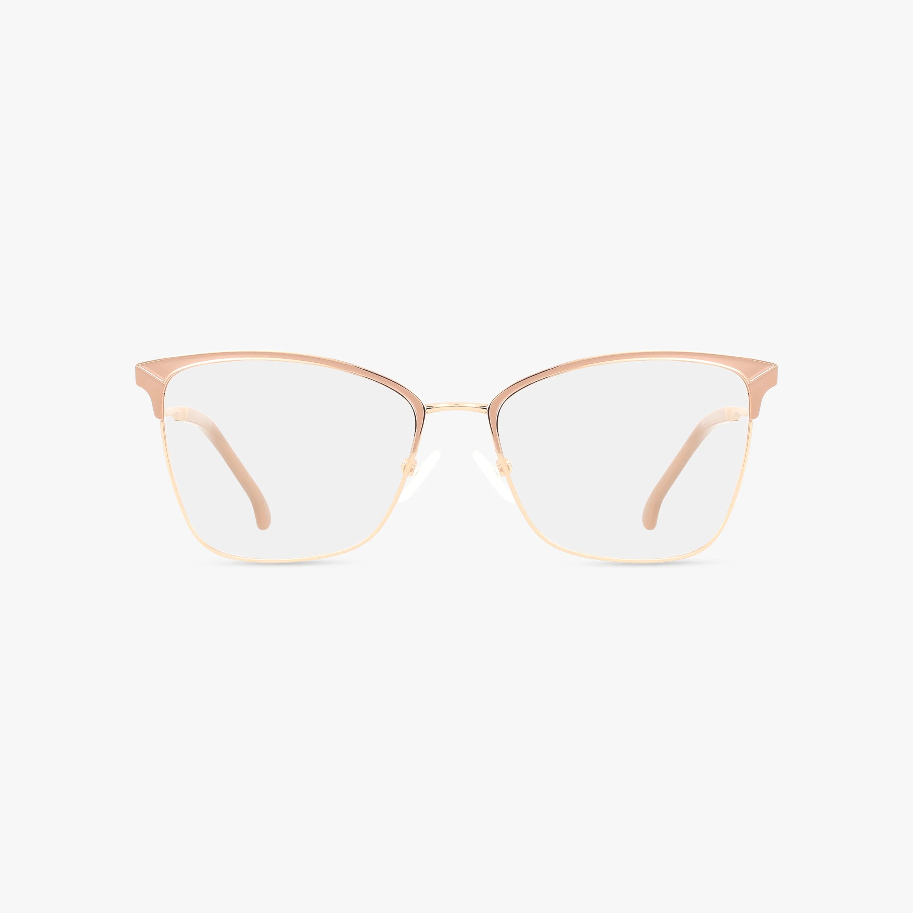 The St. Moritz BRIDGETTE eyeglasses feature thin gold metal frames with light pink accents on the upper rims, offering distinct style and functionality, shown against a plain white background.