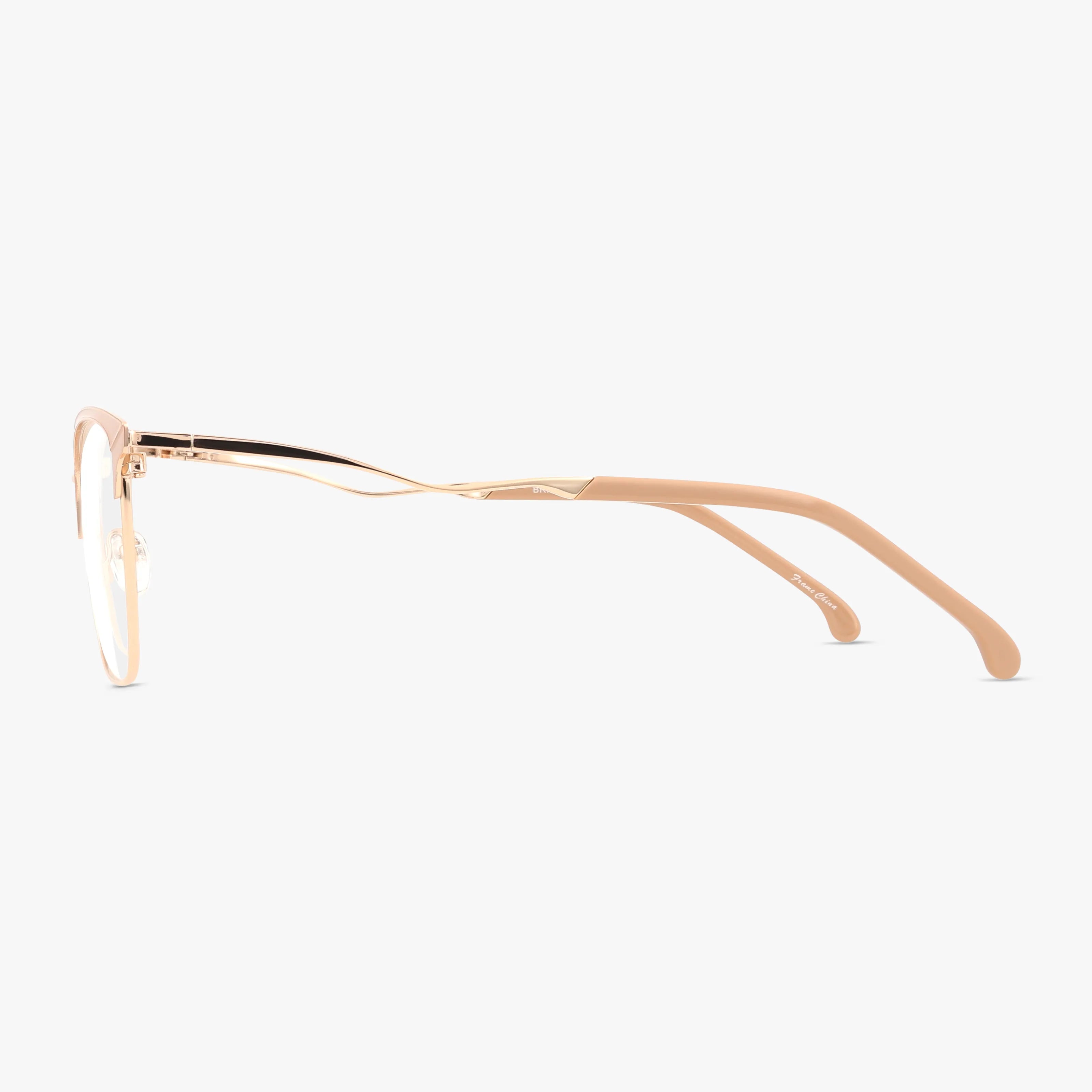 A side view of the St. Moritz BRIDGETTE eyeglasses displays their thin gold metal frames and light beige temples, highlighting their distinct style against a plain white background.