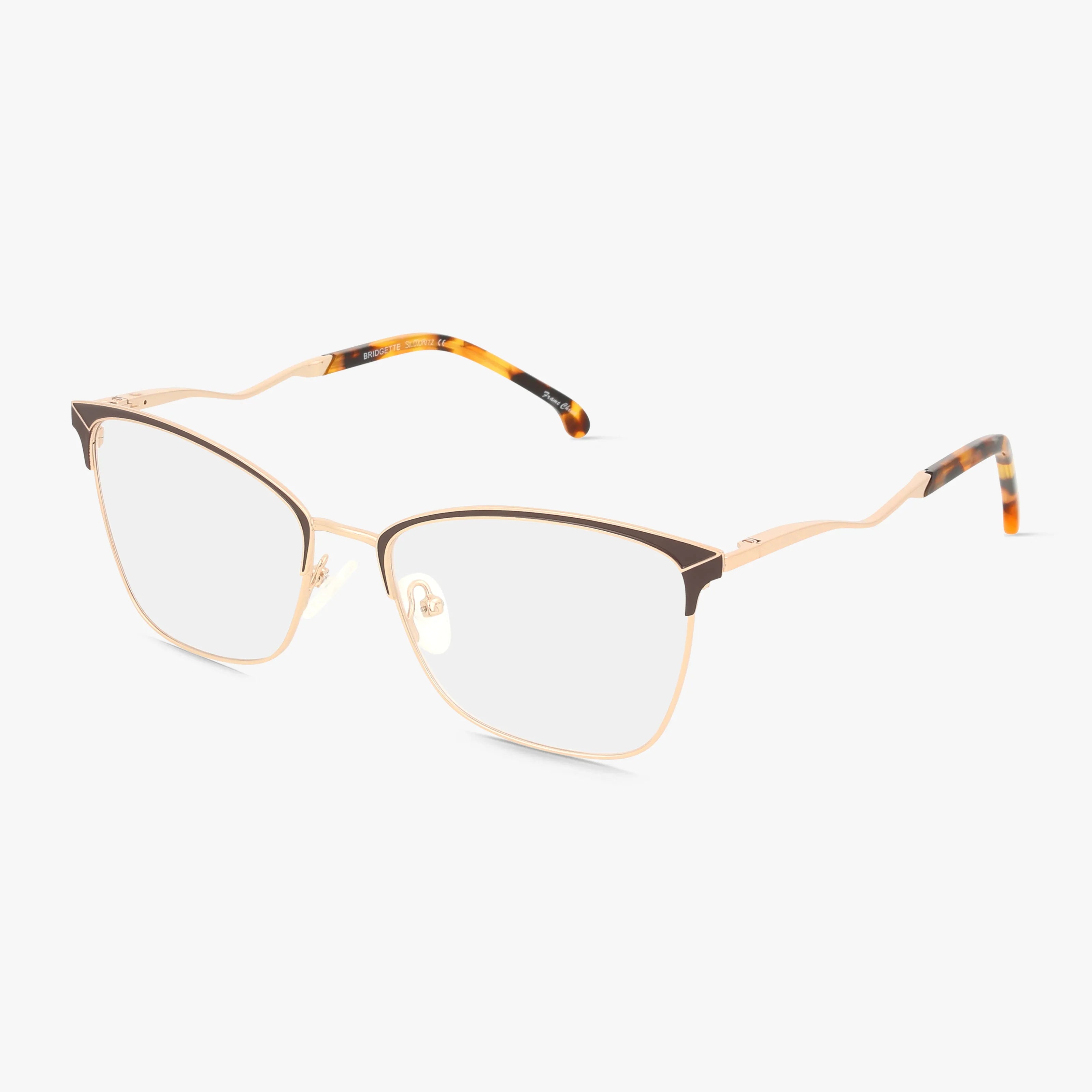 The BRIDGETTE by St. Moritz features gold and brown rectangular progressive eyeglasses with thin metal frames and tortoiseshell-patterned temple tips, blending functional design and style, displayed on a white background.