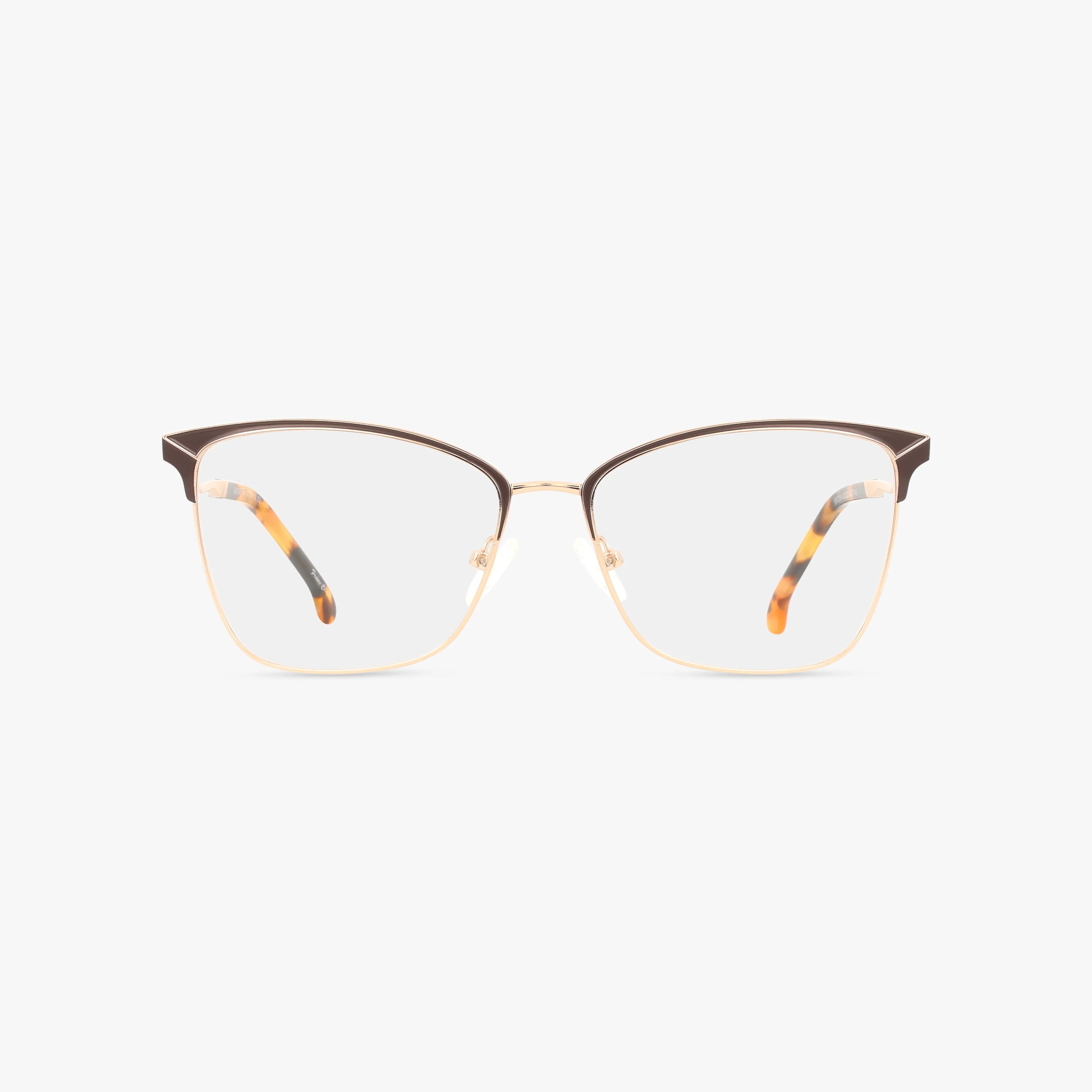 The St. Moritz BRIDGETTE eyeglasses feature gold metal frames, brown upper rim accents, and tortoiseshell-patterned temple tips, offering a stylish and functional design displayed on a plain white background.