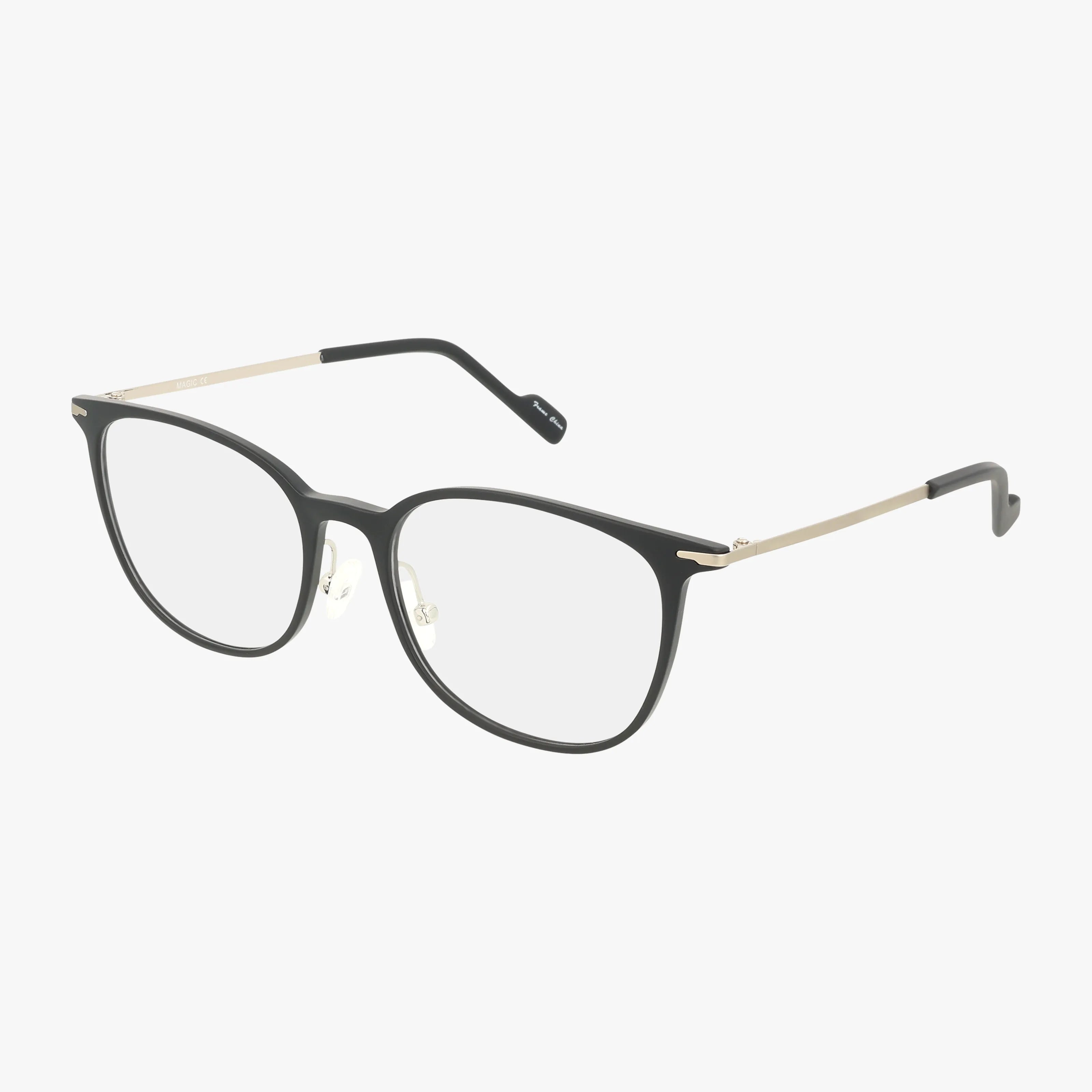 The Urban Specs MAGIC eyeglasses in black feature round Transitions lenses, clear nose pads, and slim gold metal arms, displayed against a white background.