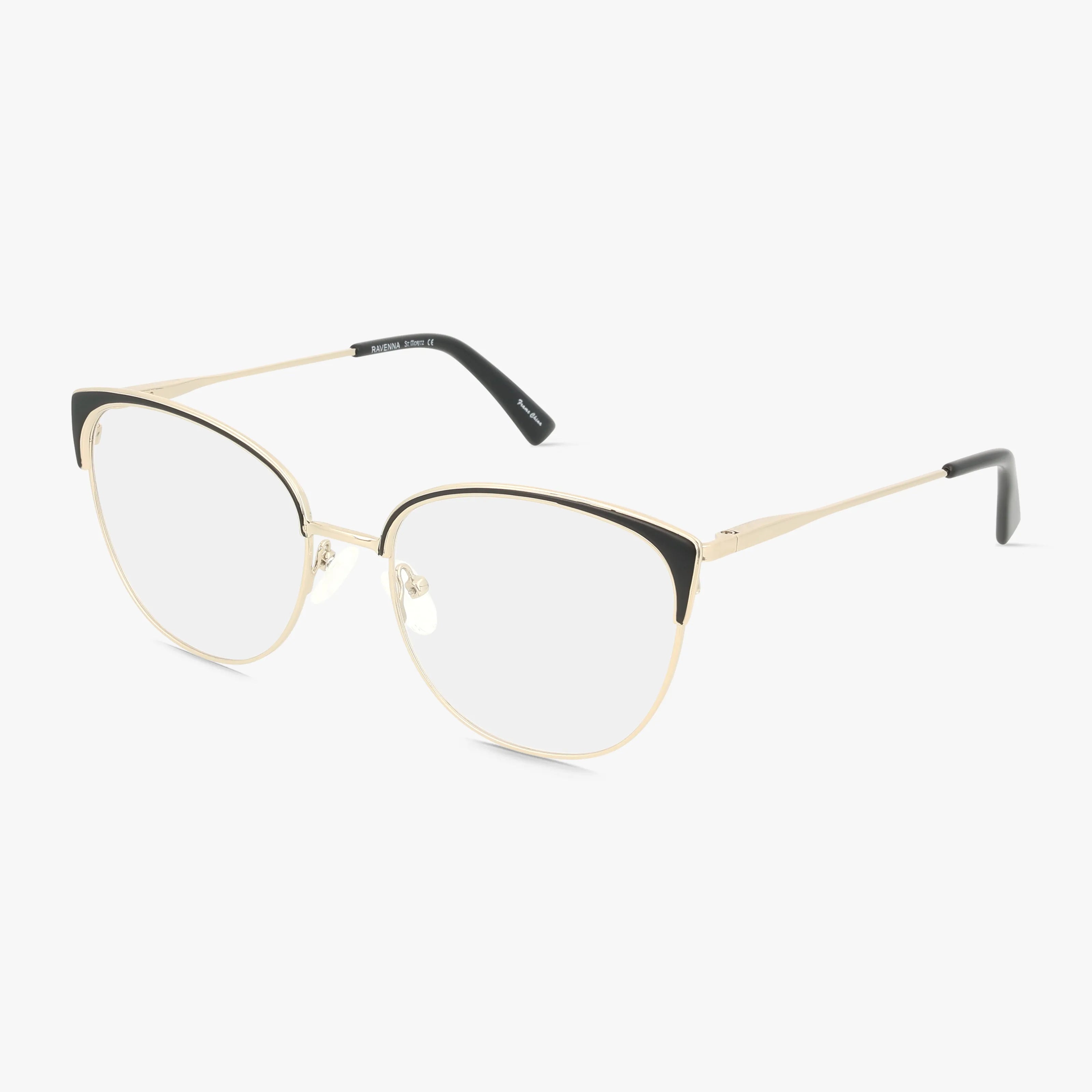 The RAVENNA by St. Moritz features cat-eye eyeglasses in Black Gold with slim gold metal frames, clear lenses, and black accents on the corners. Stylish gold temples with black tips deliver bold design and everyday flair.