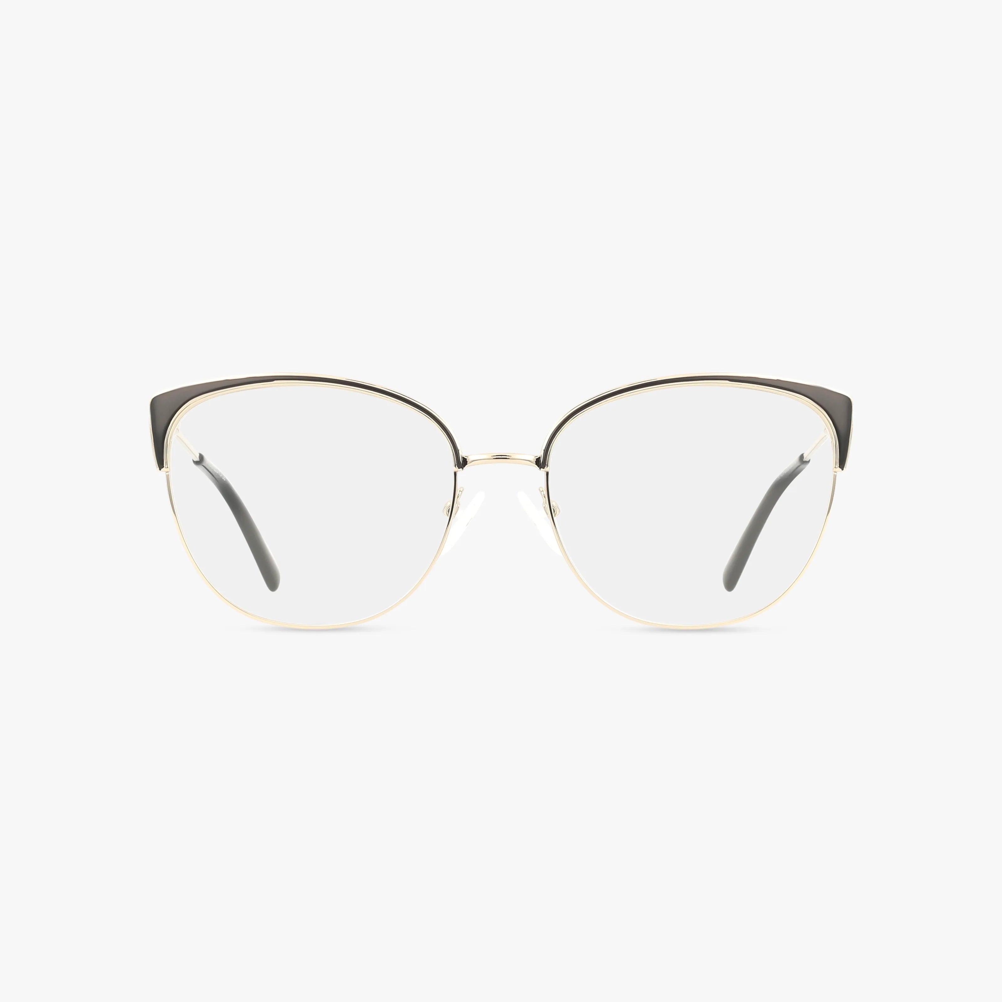 The St. Moritz RAVENNA eyeglasses feature a gold frame with black upper corner accents, clear lenses, and gray-tipped arms, all presented on a white background.