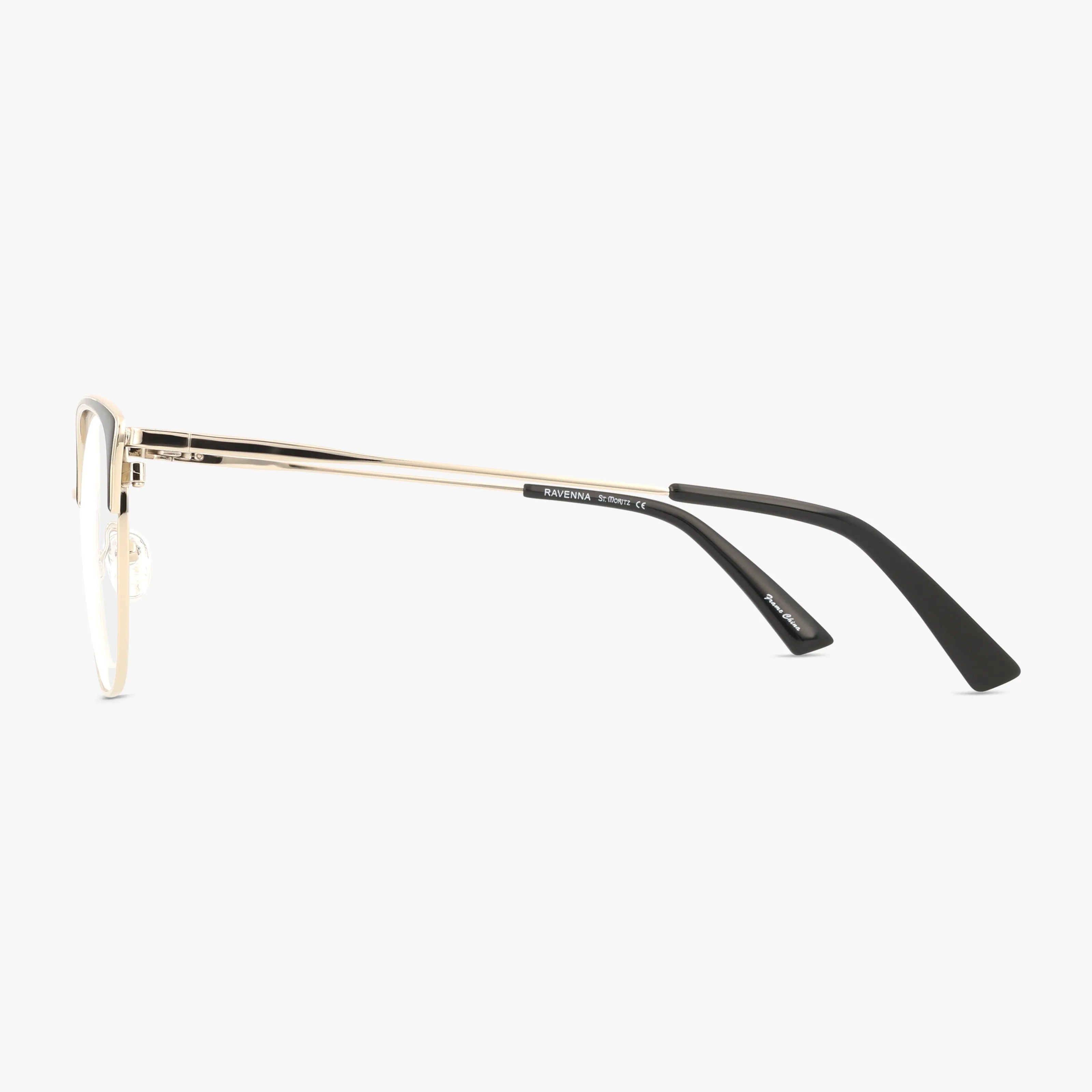 Side view of St. Moritz RAVENNA gold metal eyeglass frames with black plastic temple tips, showcasing a bold everyday design against a plain white background.