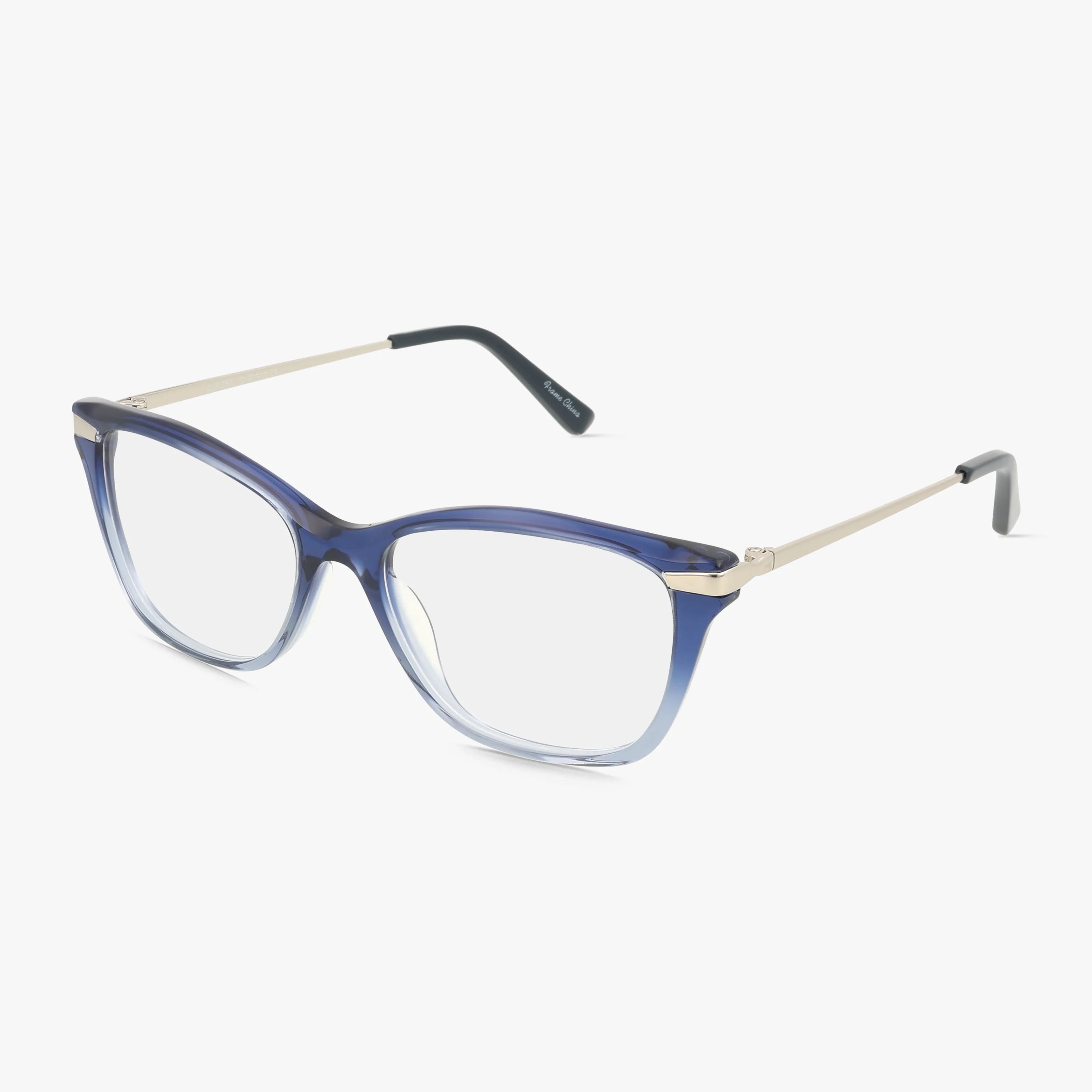 The St. Moritz AURORA features translucent blue, rectangular lightweight frames with gold metal temples and black tips—ideal for daily wear—displayed against a plain white background.