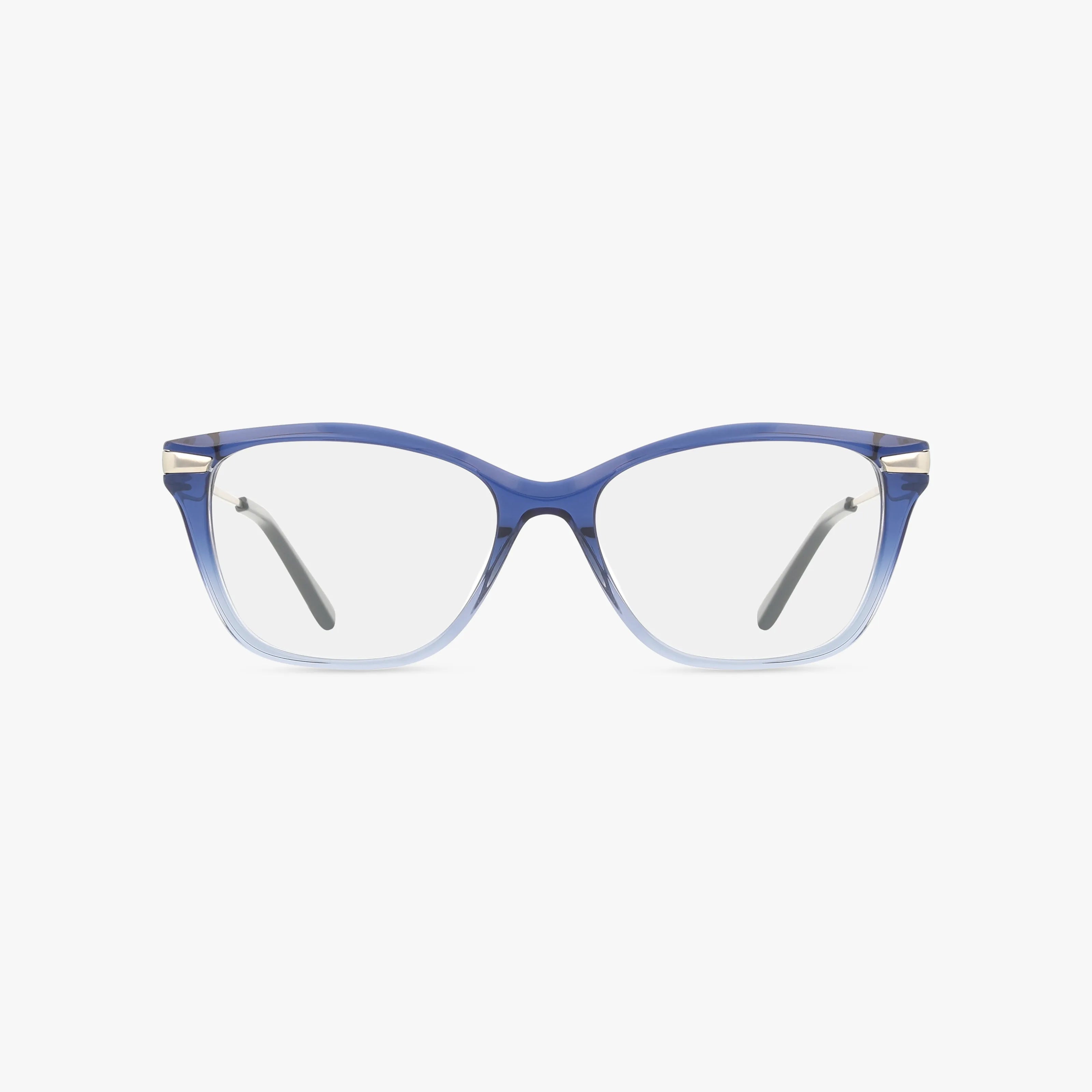 The St. Moritz AURORA features blue and clear gradient rectangular blue light lenses with silver hinge accents. Lightweight for daily wear, these eyeglasses are shown facing forward on a white background.