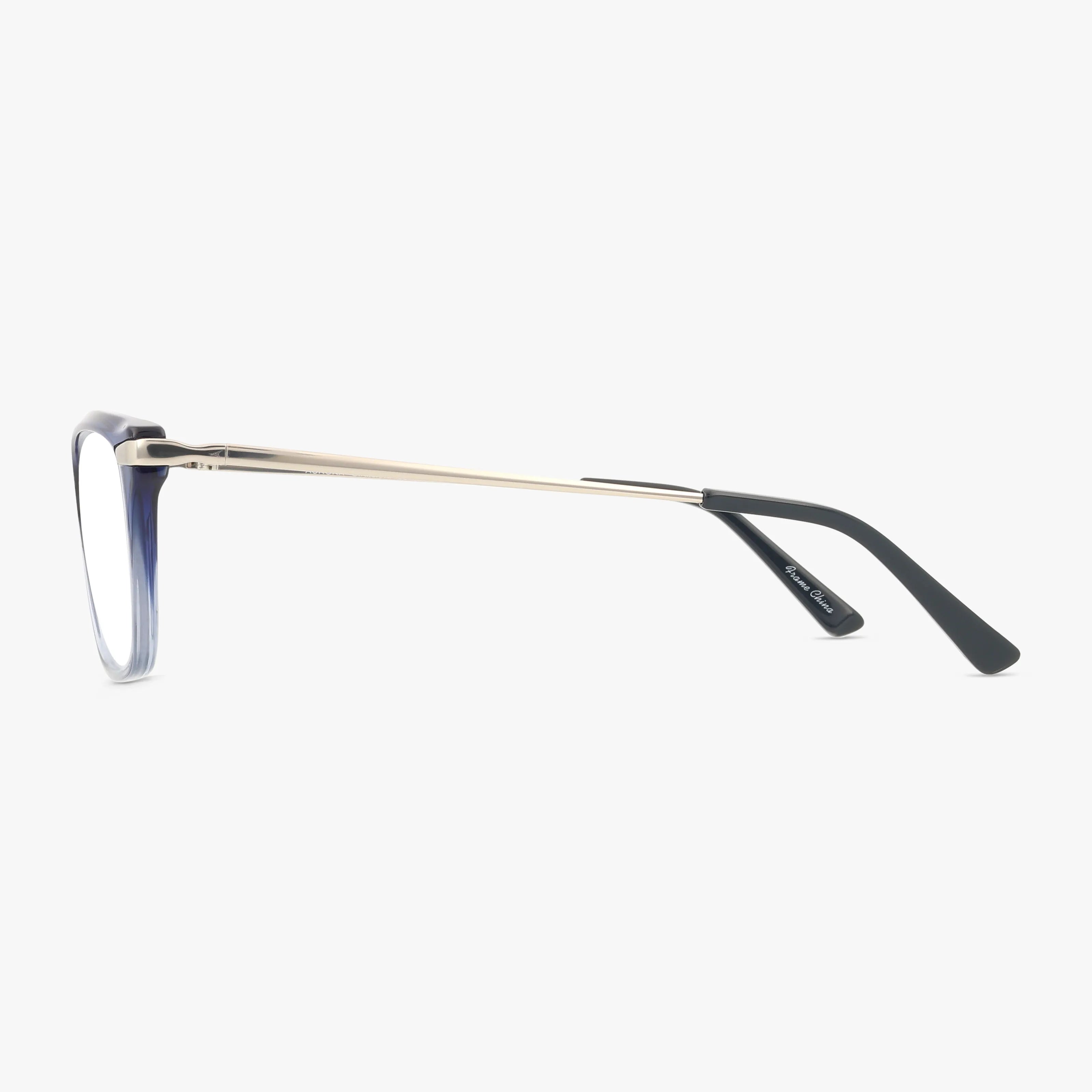 The St. Moritz AURORA eyeglasses feature gradient blue-to-clear plastic frames, thin gold metal arms, and black tips—shown in side view on a white background—offering a lightweight design ideal for everyday wear.