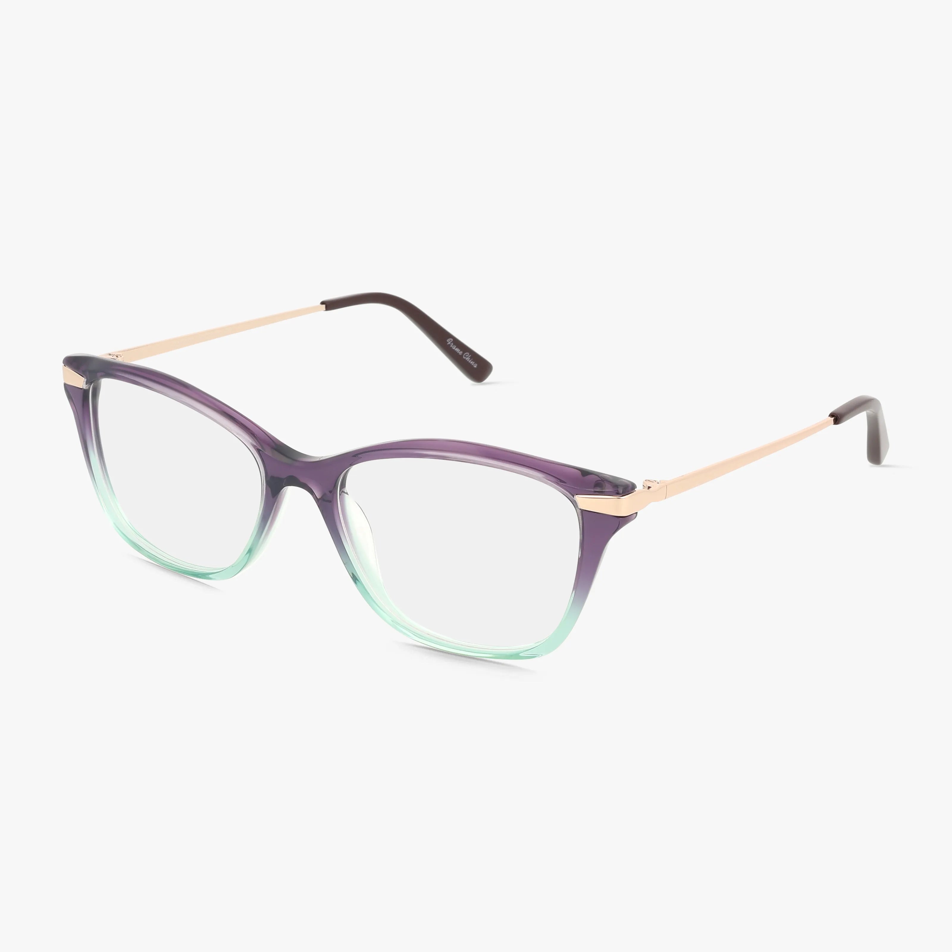 The St. Moritz AURORA eyeglasses feature a lightweight frame with translucent rims that fade from purple to light green and thin gold arms with black tips, making them perfect for everyday wear.