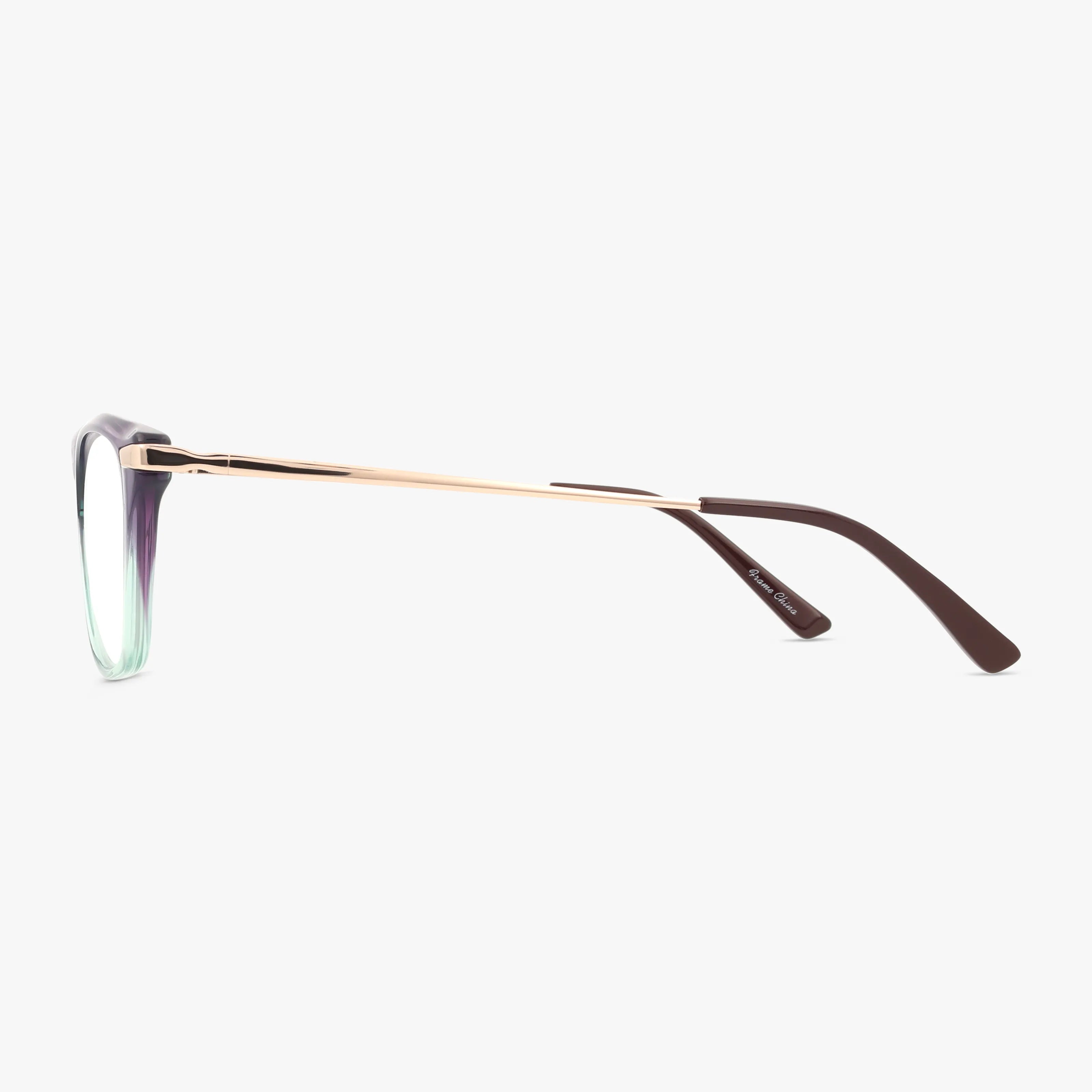 Side view of St. Moritz AURORA eyeglasses with gold metal arms, brown temple tips, and a lightweight frame shifting from light green to purple at the front. Ideal for daily wear, displayed on a clean white background.