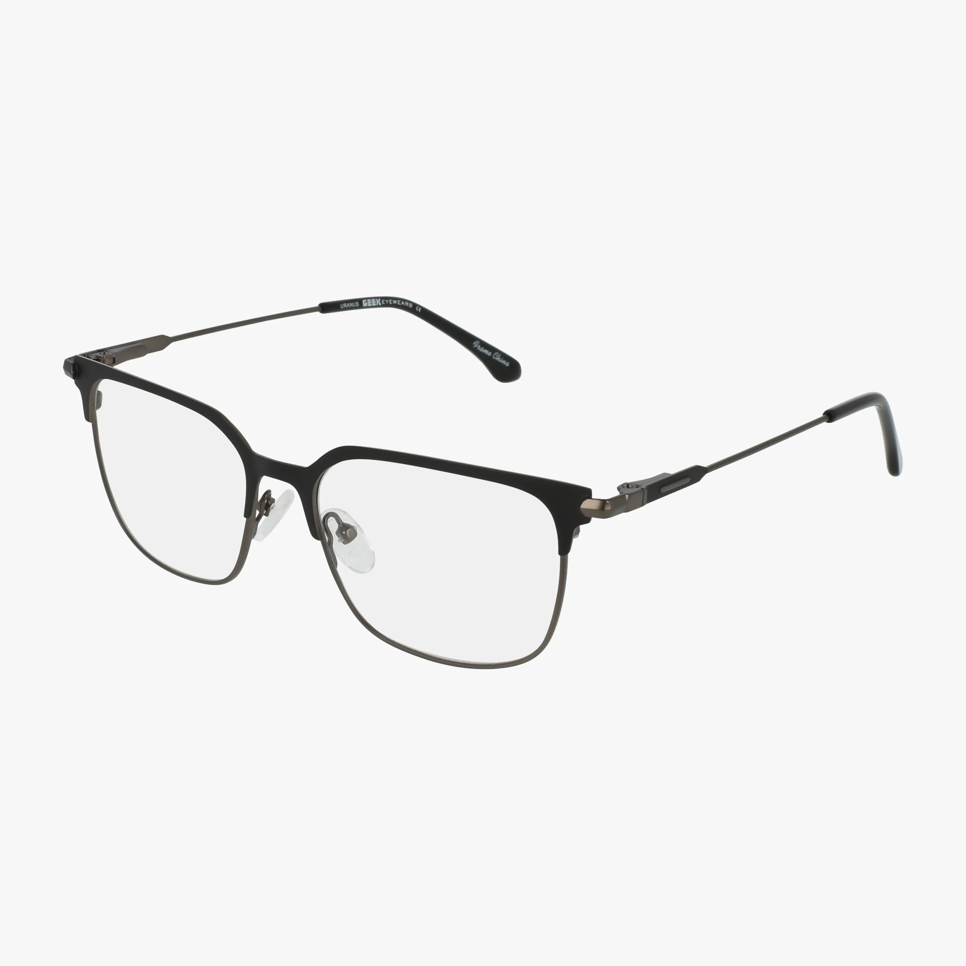 The Urban Specs URANUS features rectangular, black gunmetal metal eyeglasses with blue light lenses and thin temples, providing lightweight eyewear shown against a white background.