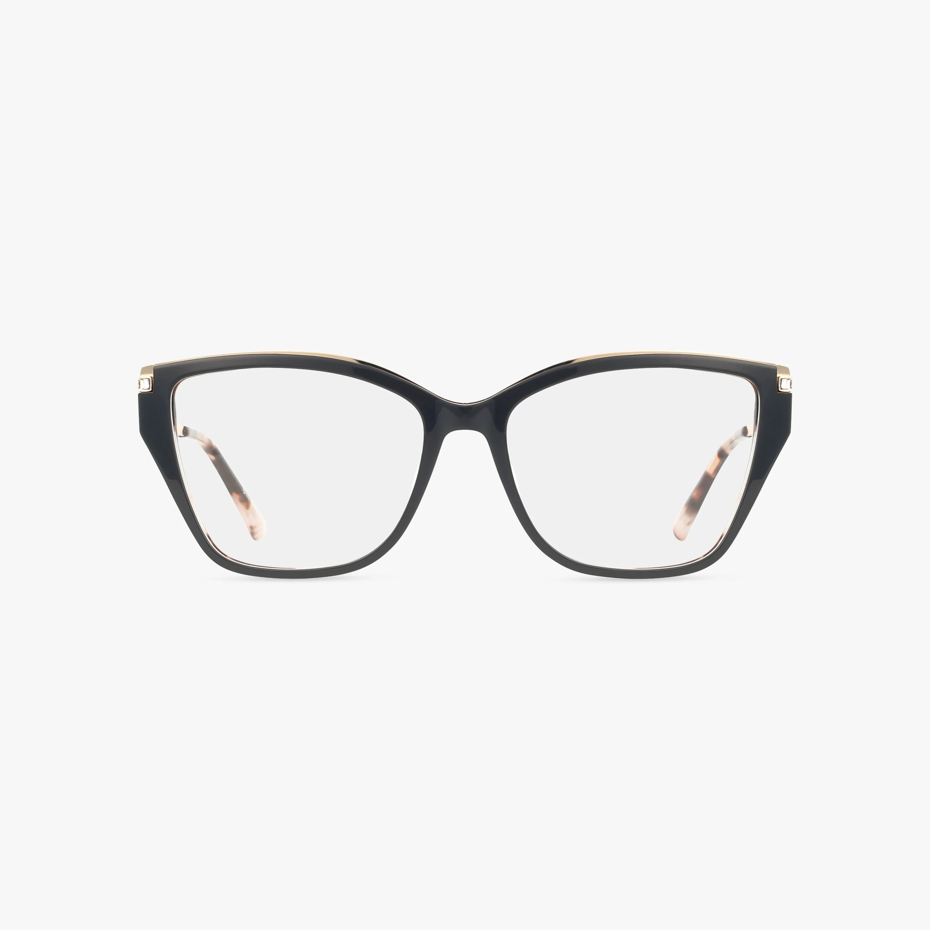 The EMILY by St. Moritz features a chic black frame with clear lenses, slightly rounded edges, gold-accented temple arms, and a subtle inner tortoiseshell pattern—blending style and lasting elegance against a white background.