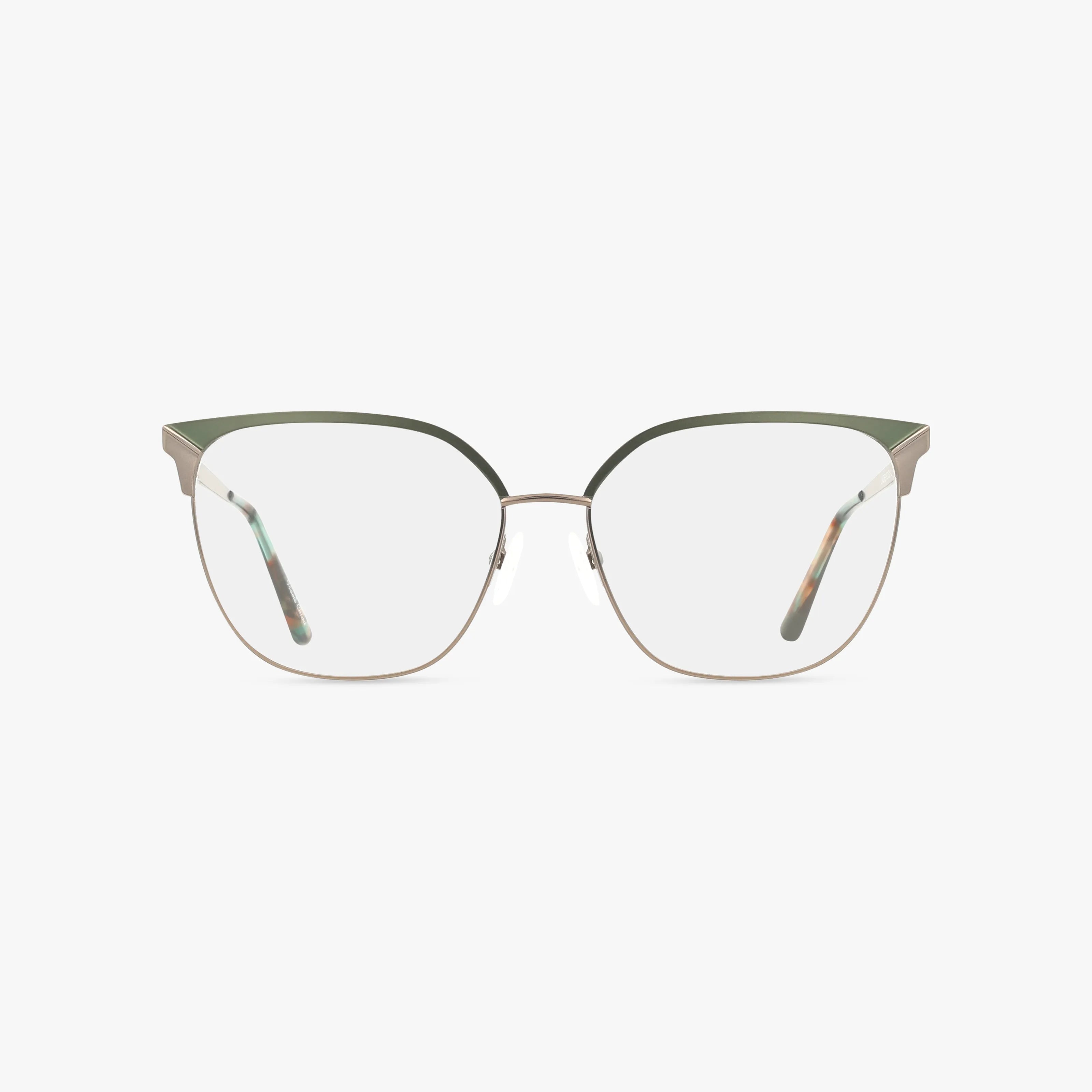 The St. Moritz TYALOR features stylish thin metallic cat-eye frames with green accents on the upper rims and durable construction, displayed against a plain white background.