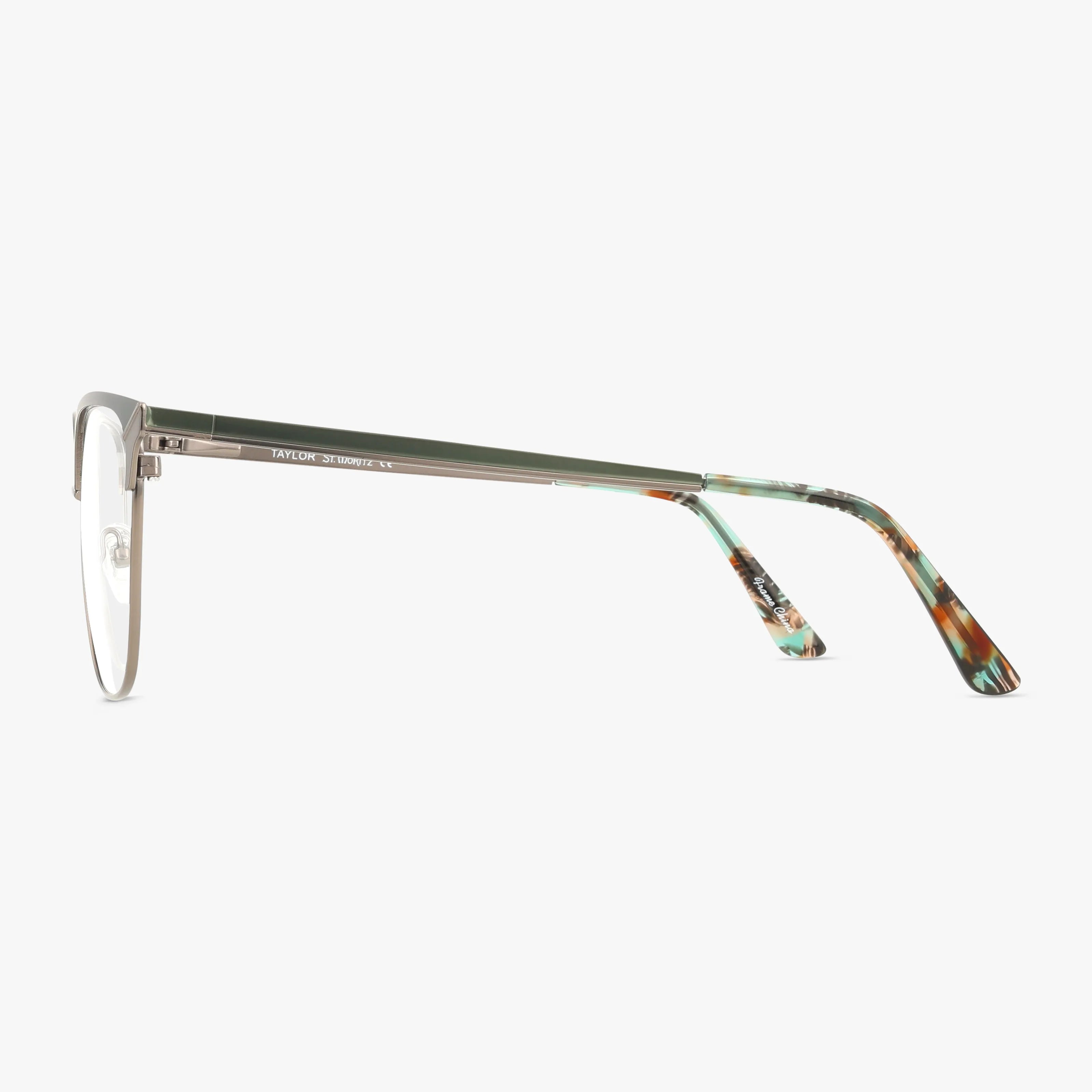 Side view of the St. Moritz TYALOR eyewear, showcasing thin metallic frames and green-tortoiseshell temple tips, crafted with a durable frame and set against a white background.