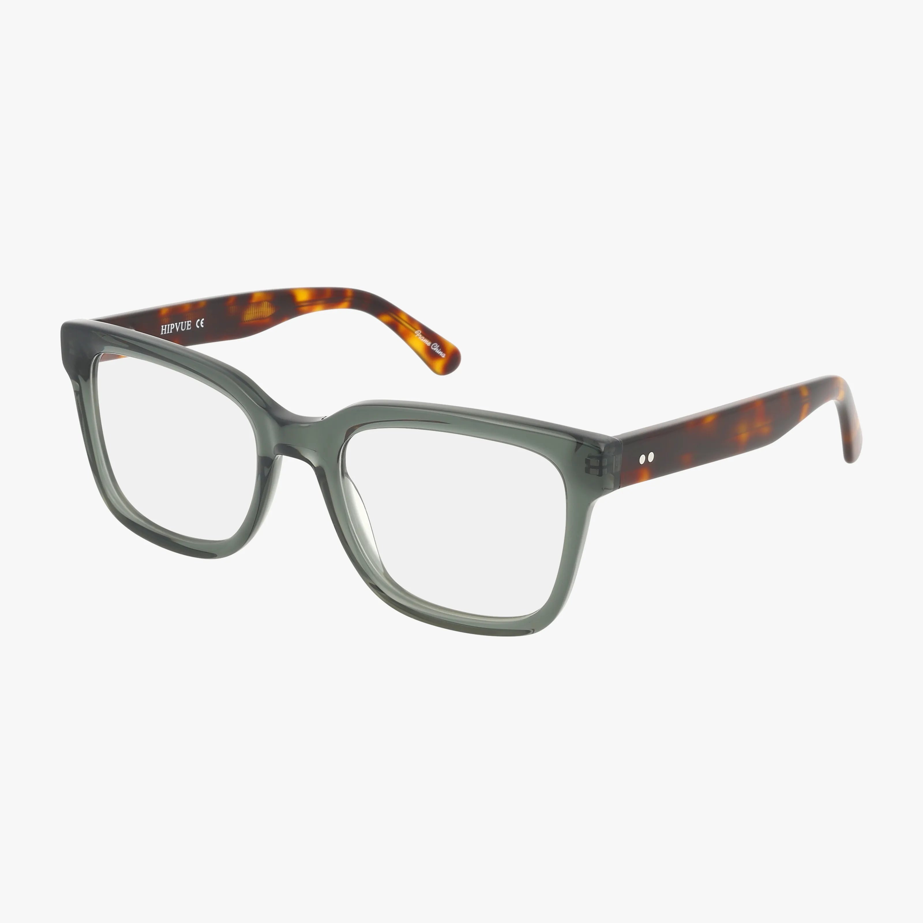 HIPVUE by Urban Specs features rectangular eyeglasses with transparent green frames and brown tortoiseshell-patterned arms. These lightweight, modern glasses are displayed on a white background.