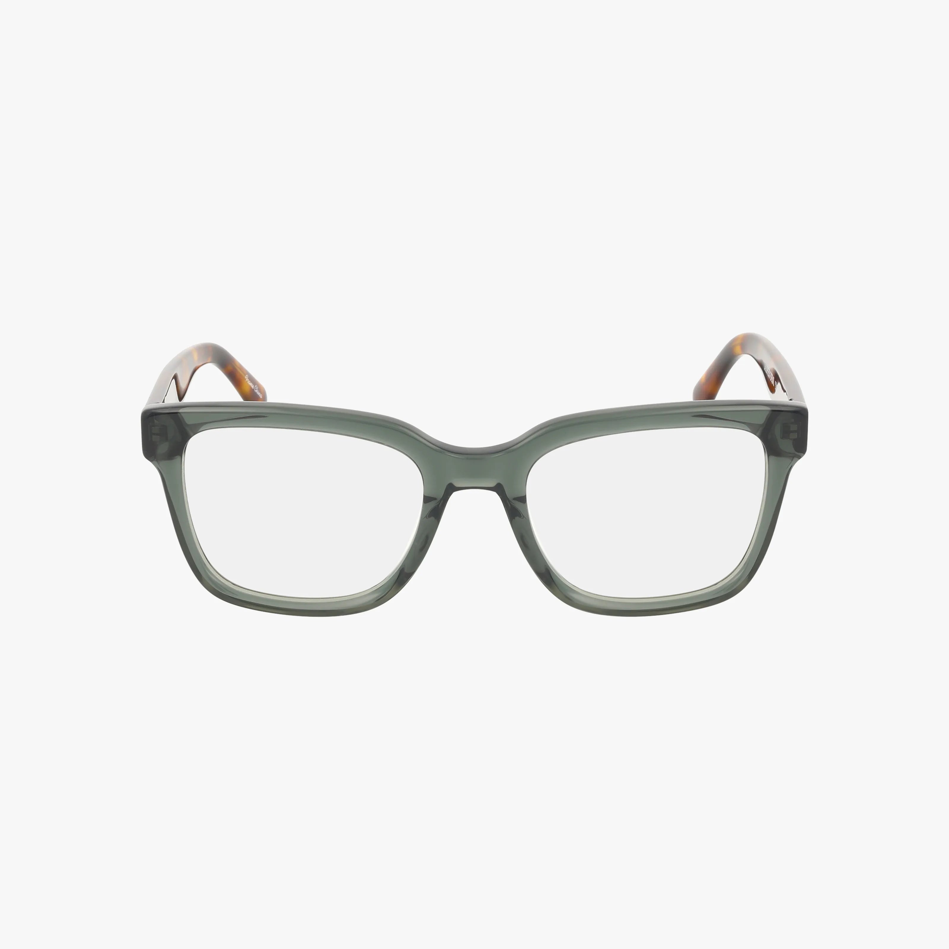 The HIPVUE by Urban Specs features lightweight, transparent green rectangular frames and brown, slightly curved temples for a modern look. Displayed on a plain white background.