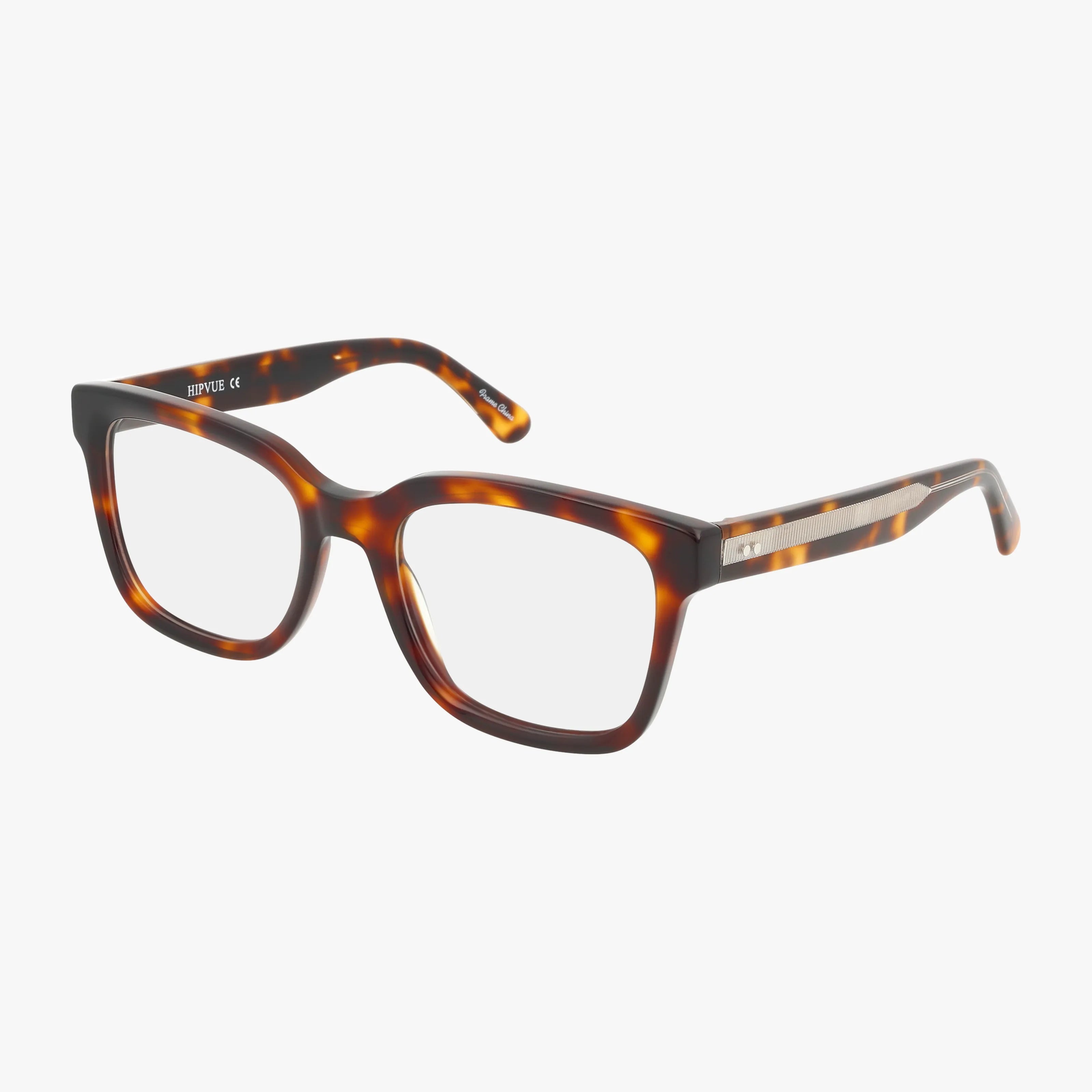 The HIPVUE by Urban Specs are rectangular eyeglasses with a glossy tortoiseshell frame and thick arms, combining style and comfort, shown on a white background.