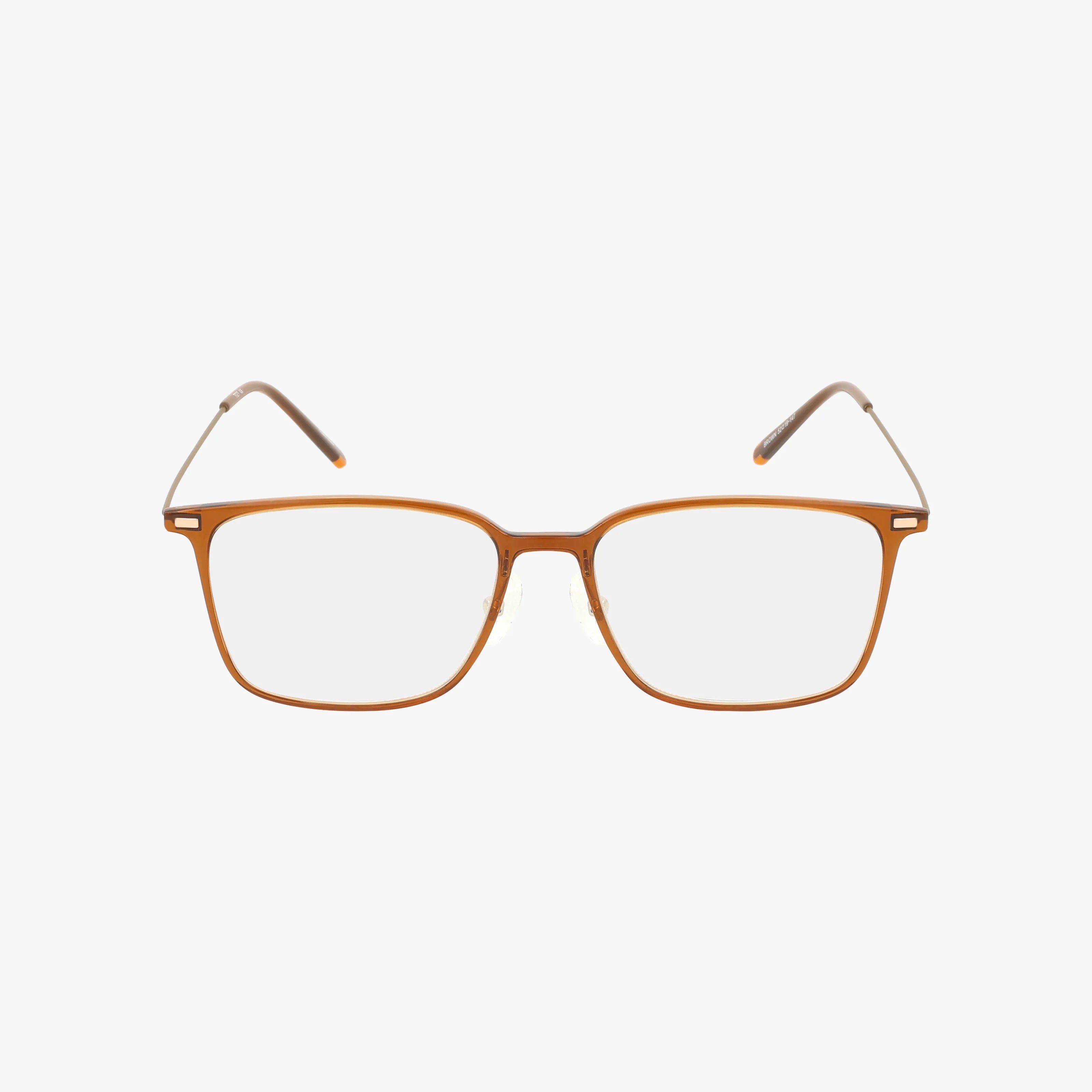 The TI 27 by Urban Specs features brown, rectangular eyeglasses with a unique frame and clear lenses, displayed facing forward on a plain white background.