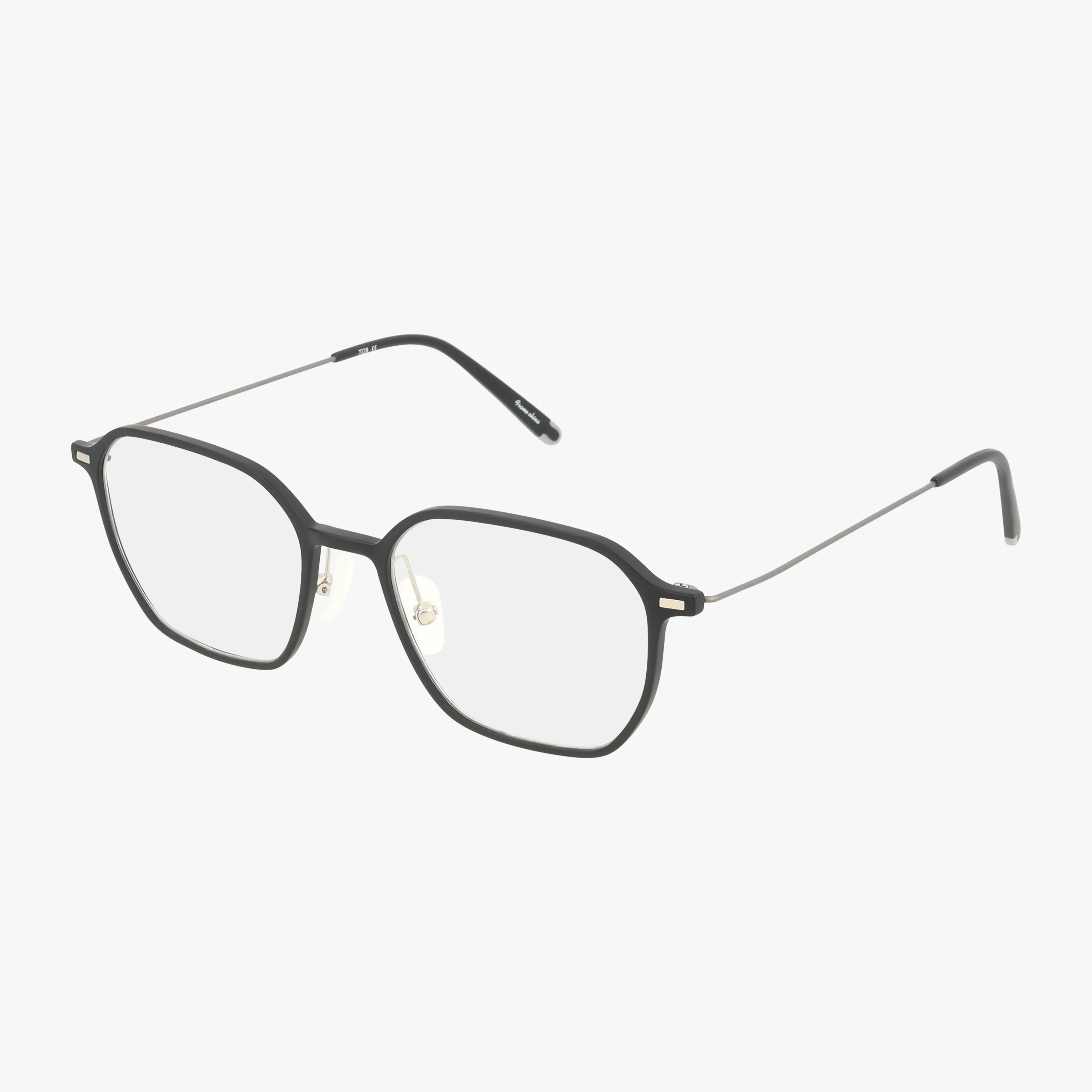 The Urban Specs TI 28 eyeglasses feature a black, geometric frame with thin silver metal arms and clear lenses, offering a lightweight and versatile look. Displayed on a plain white background.