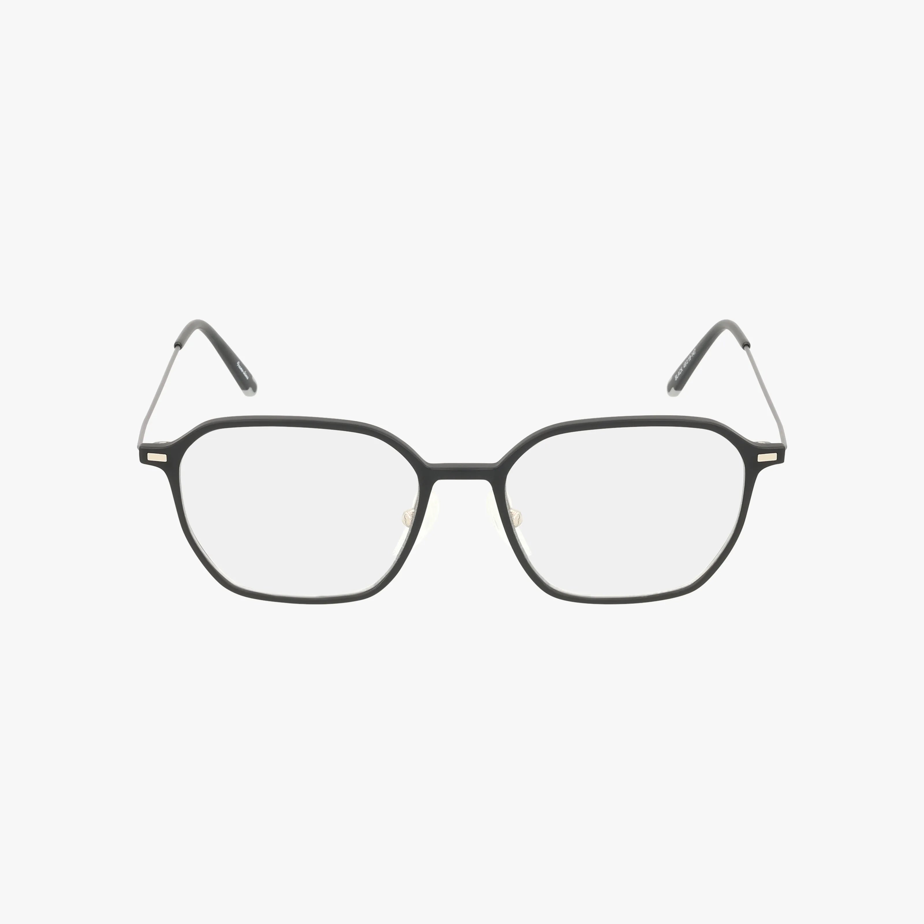 The Urban Specs TI 28 features black rectangular eyeglasses with a sleek, lightweight frame and clear lenses. Displayed on a white background, its slightly curved arms offer a versatile style for any occasion.