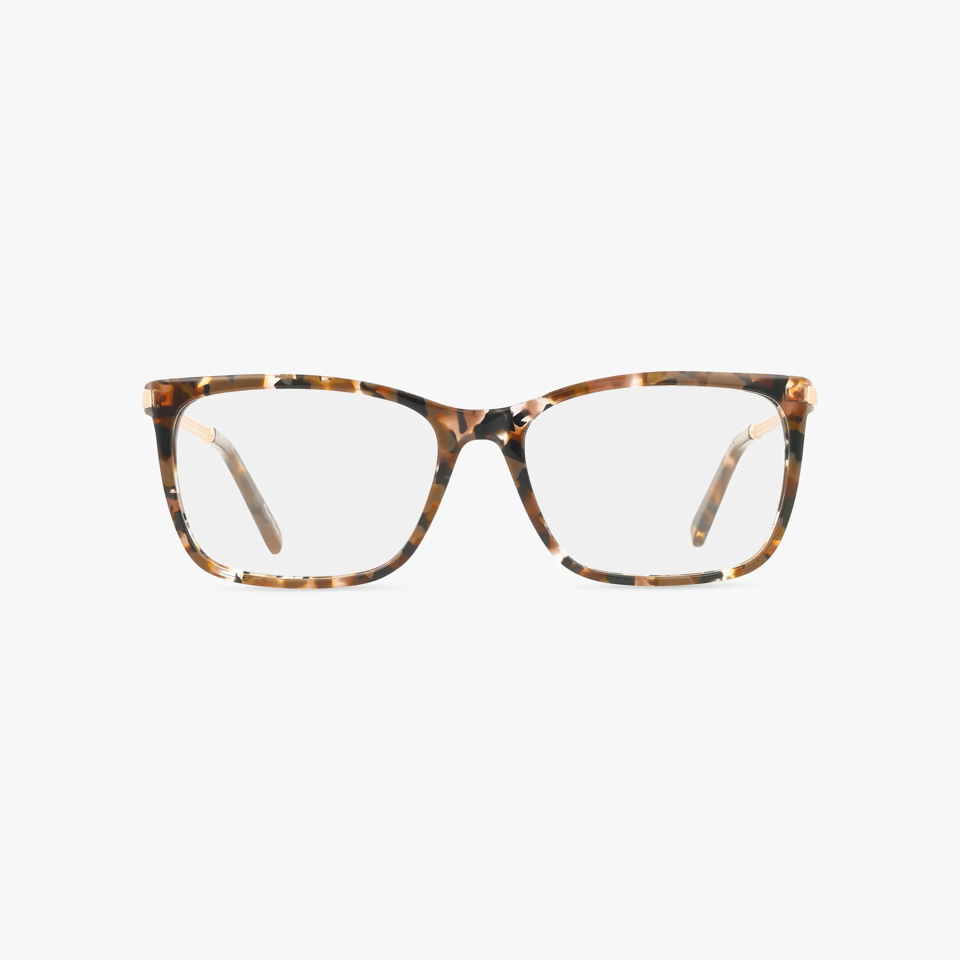 Front view of St. Moritz MIA rectangular eyeglasses featuring a brown and tan tortoiseshell frame, clear lenses, and slightly curved arms. Contemporary, resilient design shown on a plain white background.