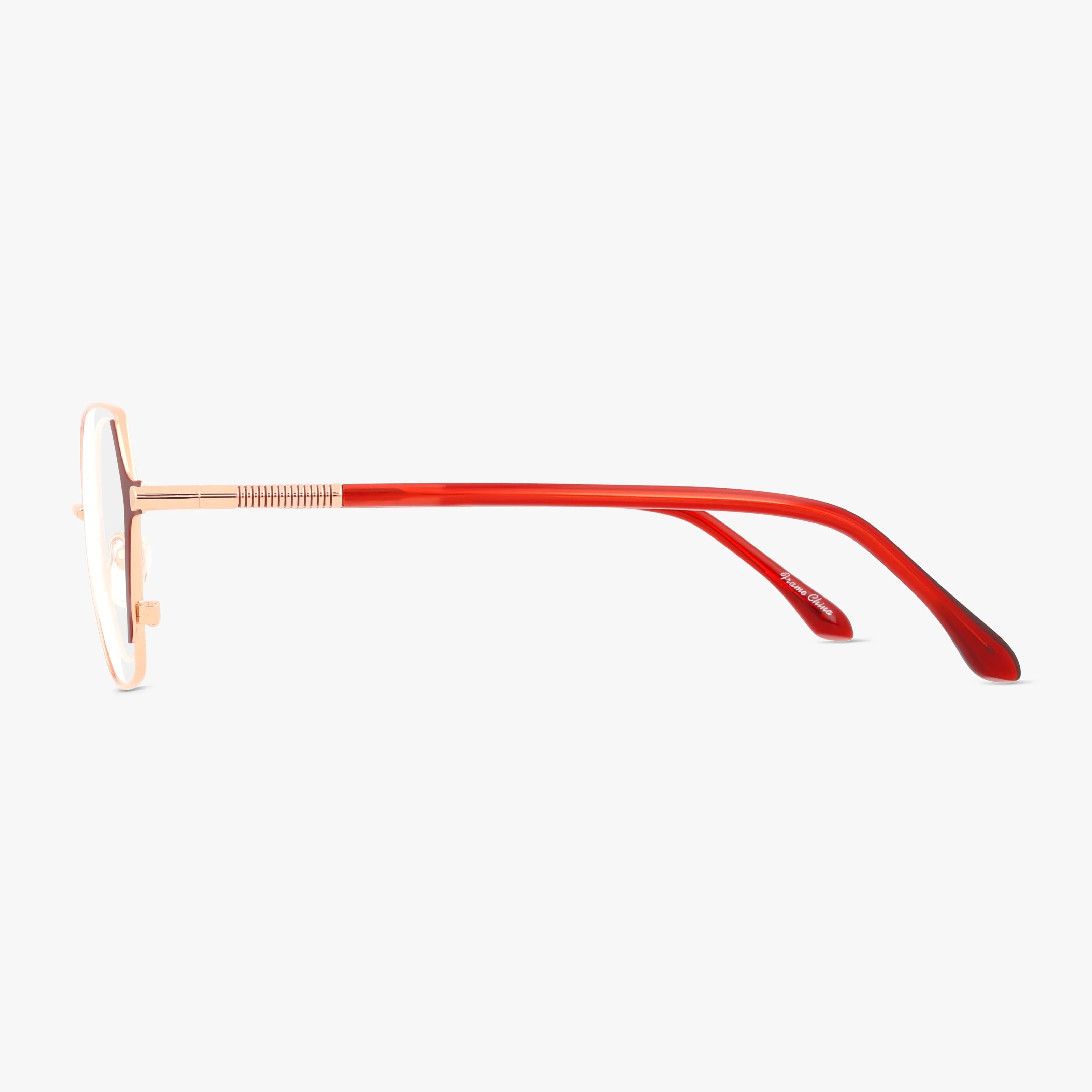 Side view of KARINA by St. Moritz—minimalist eyeglasses with thin gold metal fronts and coral red plastic arms—offering modern style and durability, displayed against a plain white background.