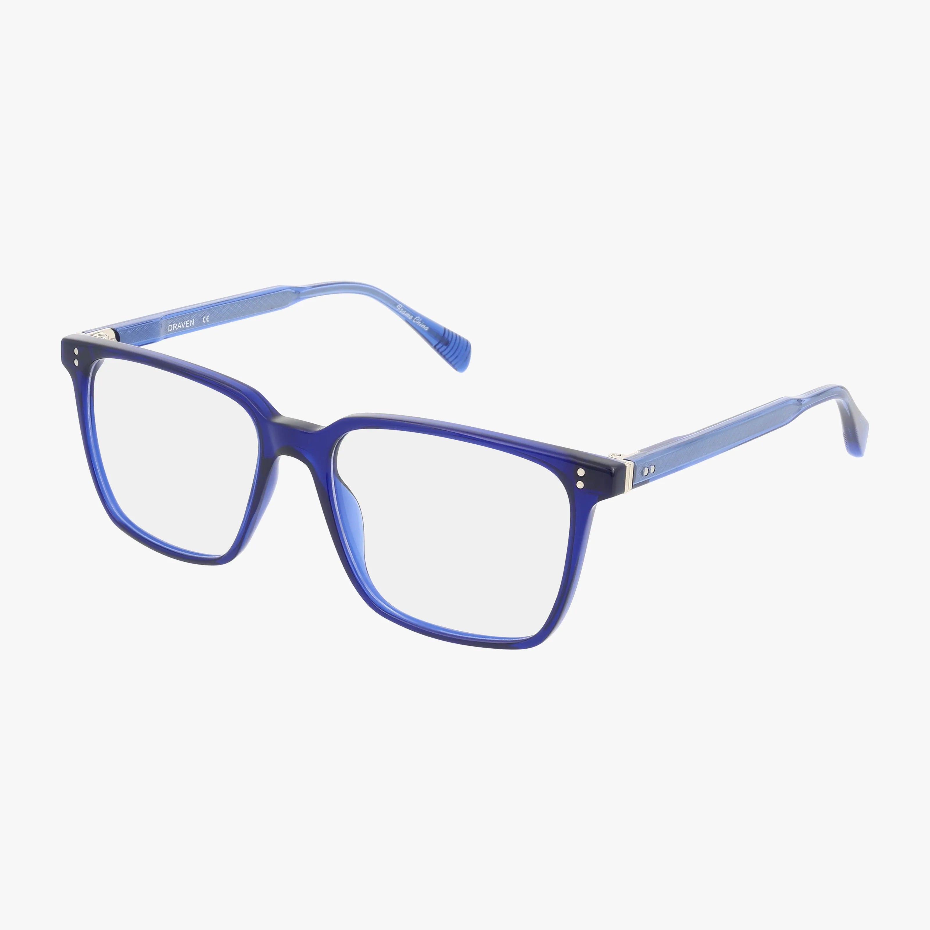 The DRAVEN by Urban Specs are blue rectangular eyeglasses with clear progressive lenses, a stylish frame, metal accents on the corners and hinges, slightly curved arms, and a glossy finish—all shown on a white background.