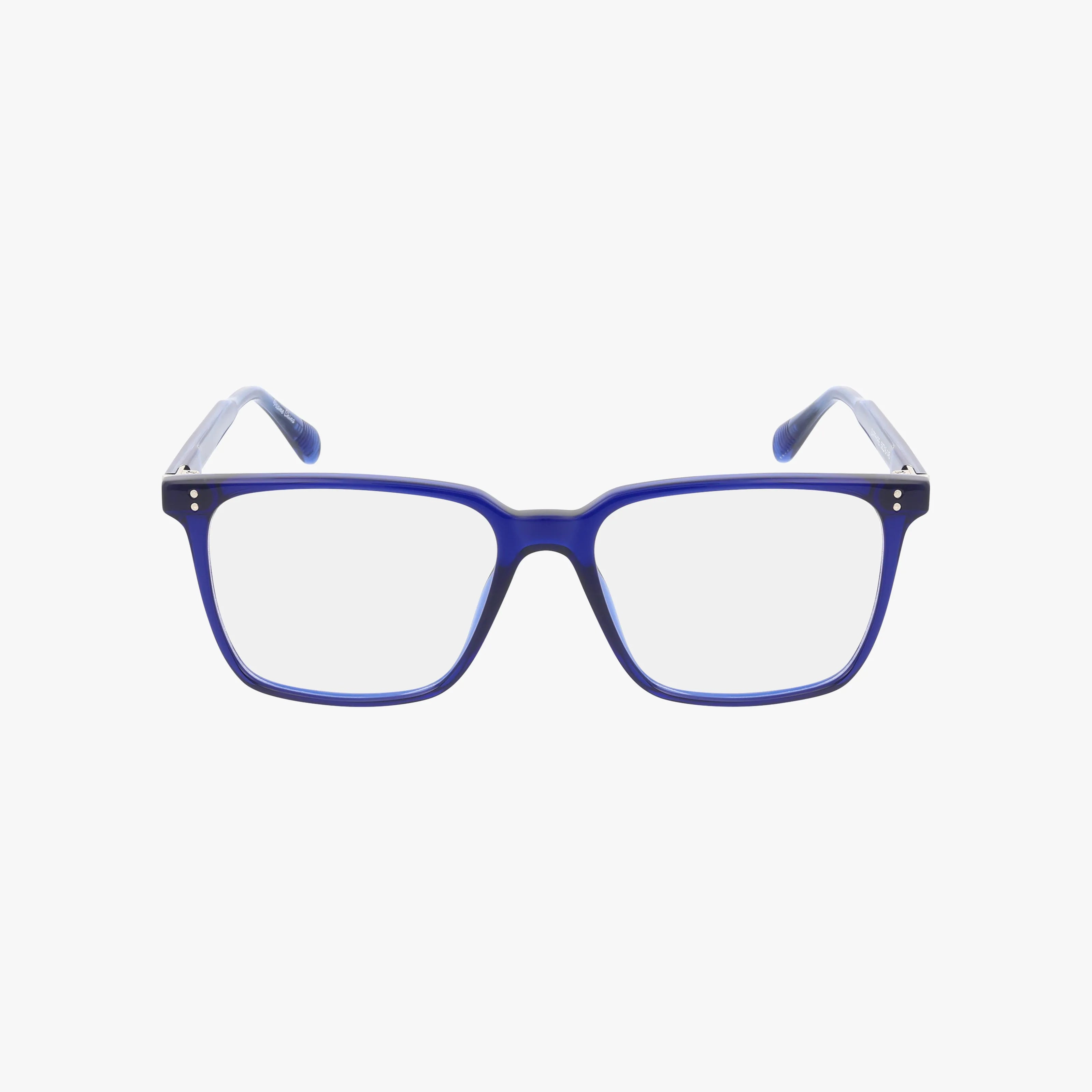 Front view of Urban Specs DRAVEN rectangular eyeglasses with a stylish blue frame and transparent arms, showcasing a well-balanced design on a plain white background.