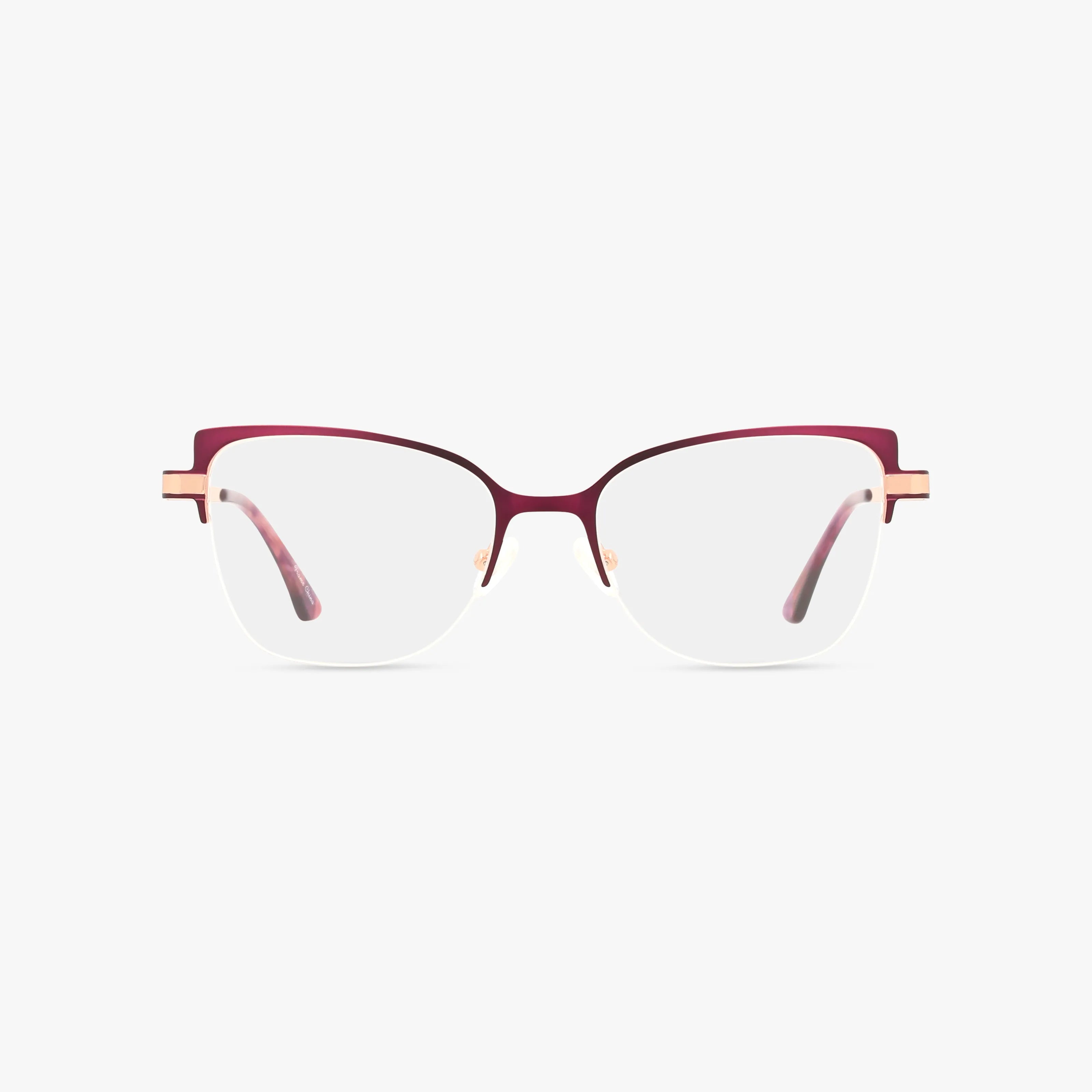 Front view of the MICHELE eyeglass frame by St. Moritz, showcasing a maroon and gold semi-rimless design with clear progressive lenses and slim temples, set against a plain light gray background.