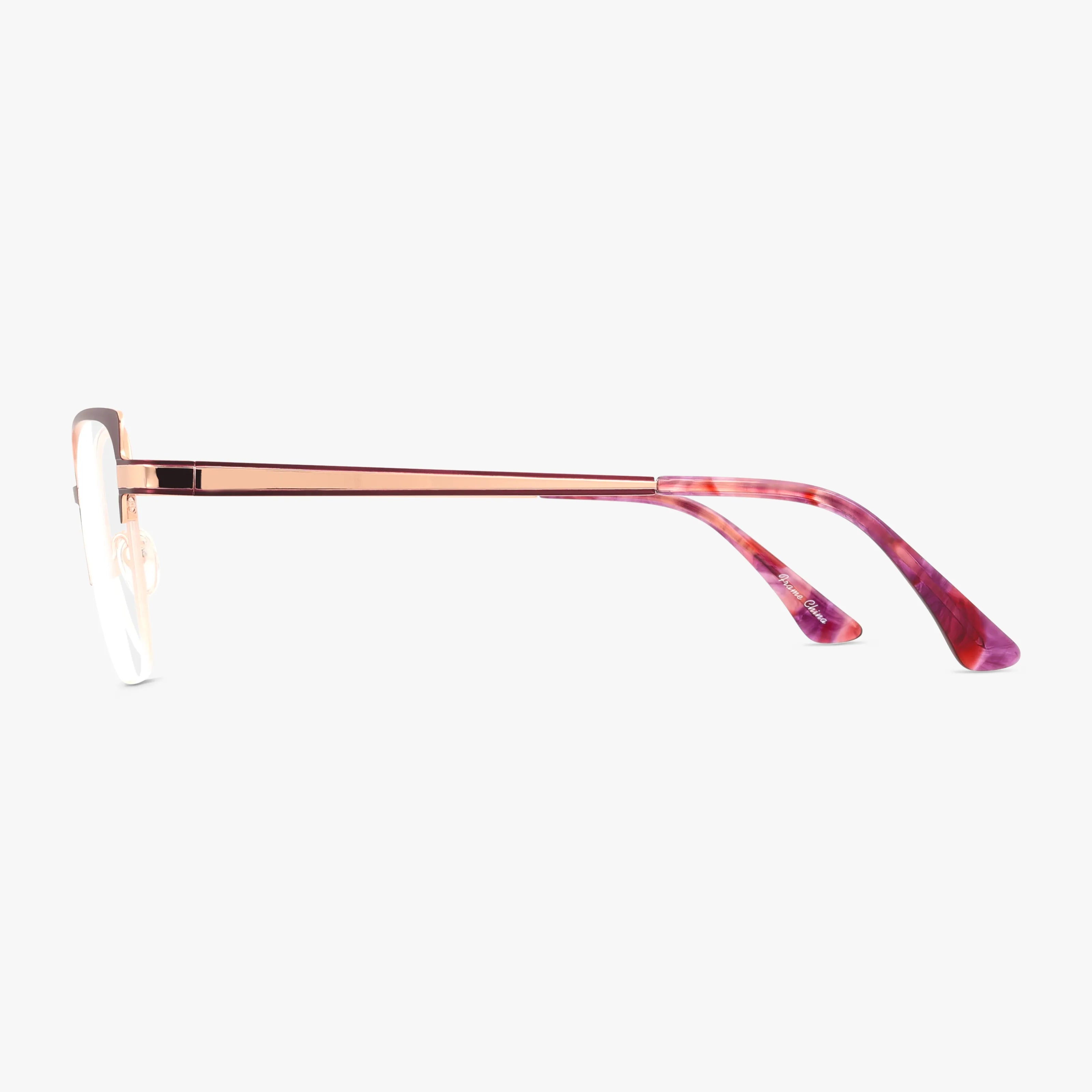 Side view of MICHELE by St. Moritz: refined eyeglass frame with thin rose-gold metal arms and pink marbled acetate temple tips, showcasing durable style against a plain white background.
