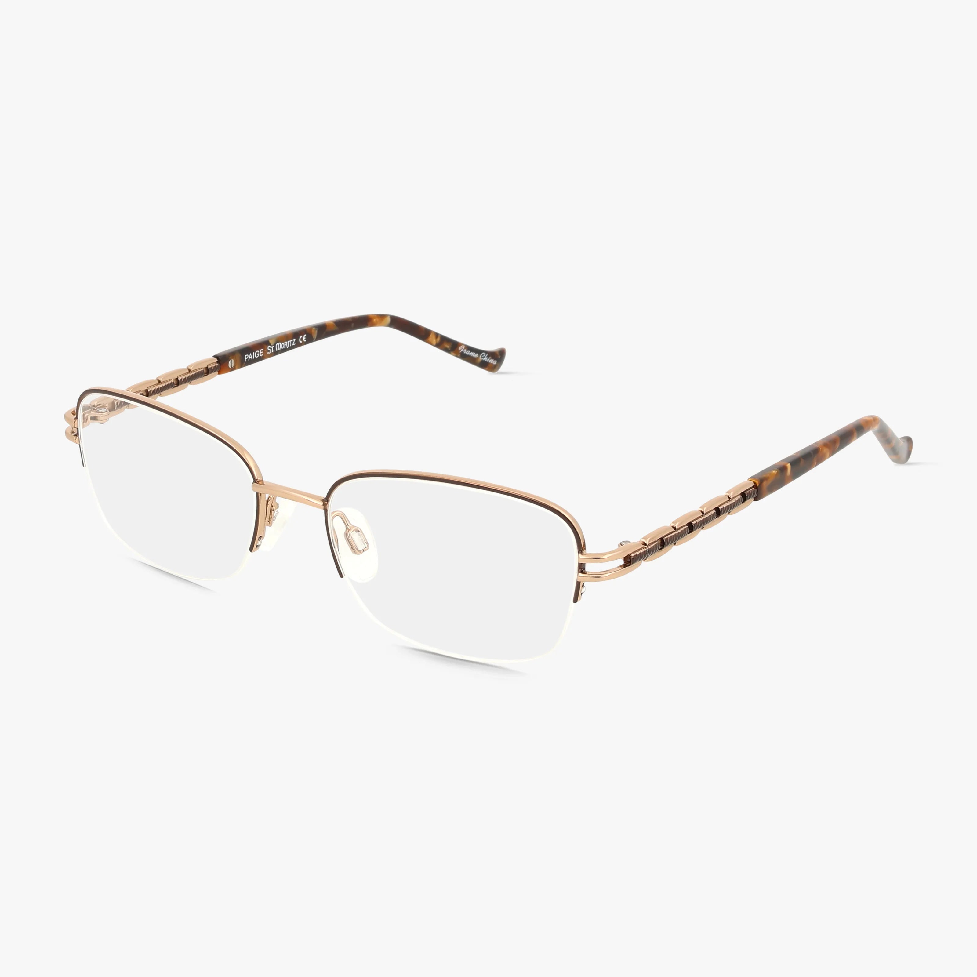 The St. Moritz PAIGE eyeglasses feature a stylish brown gold rectangular metal frame with clear lenses, chain-inspired temples, and tortoiseshell-patterned ends, offering modern innovation. Displayed on a white background.