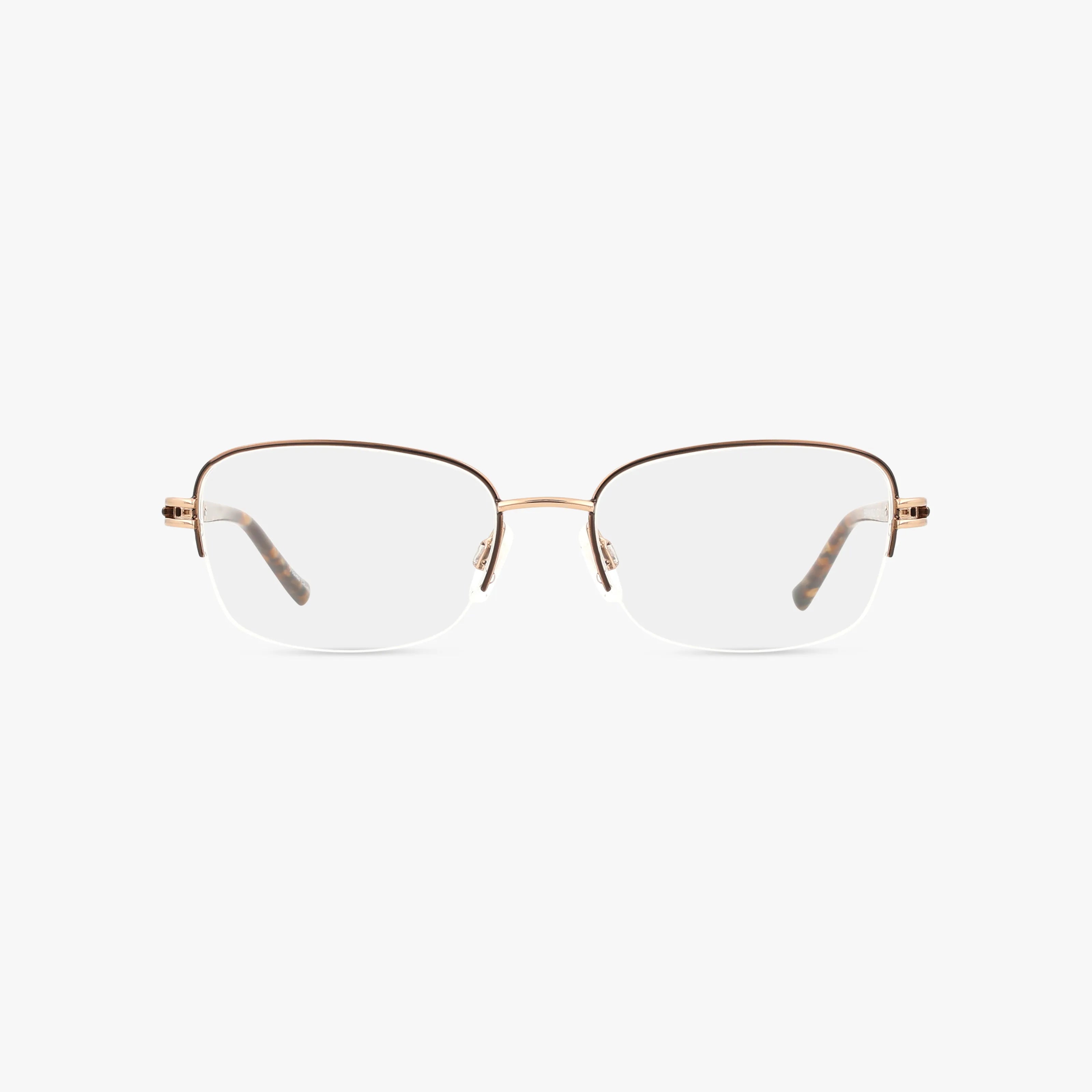 The St. Moritz PAIGE eyeglasses feature semi-rimless, rectangular lenses and a chic metallic gold frame with modern design, elegantly displayed on a plain white background.