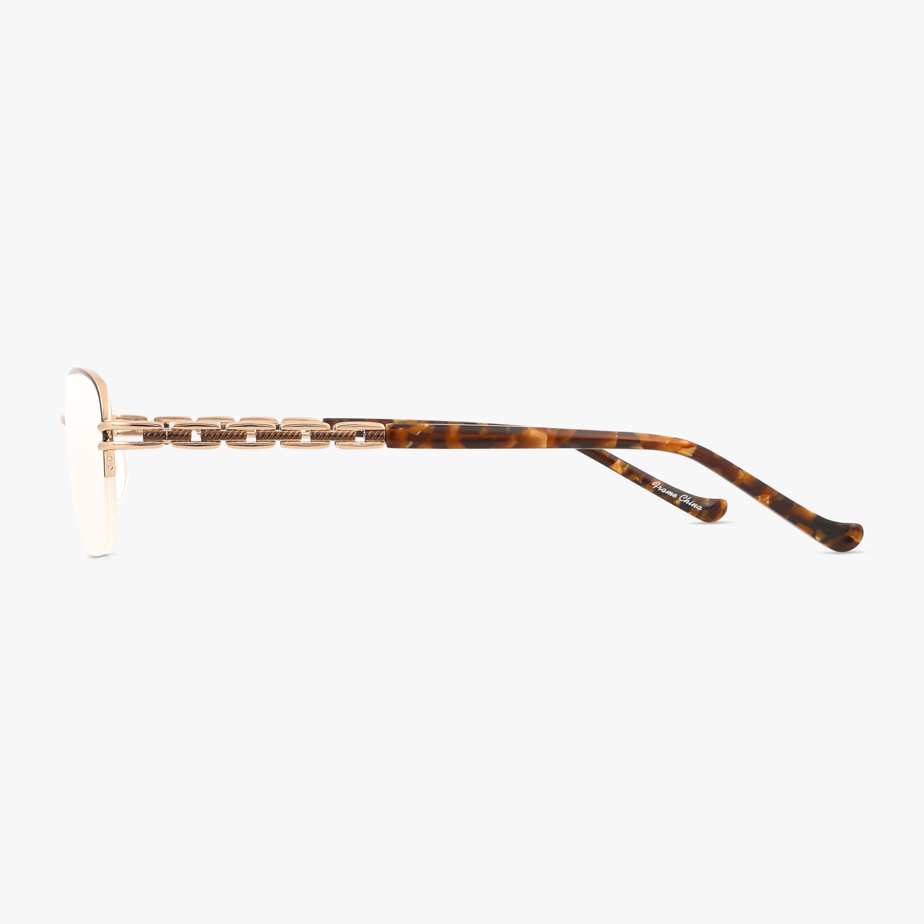 Side view of St. Moritz PAIGE eyeglasses with a stylish gold metal frame, tortoiseshell-patterned arms, decorative temple design, and modern Transitions lenses.