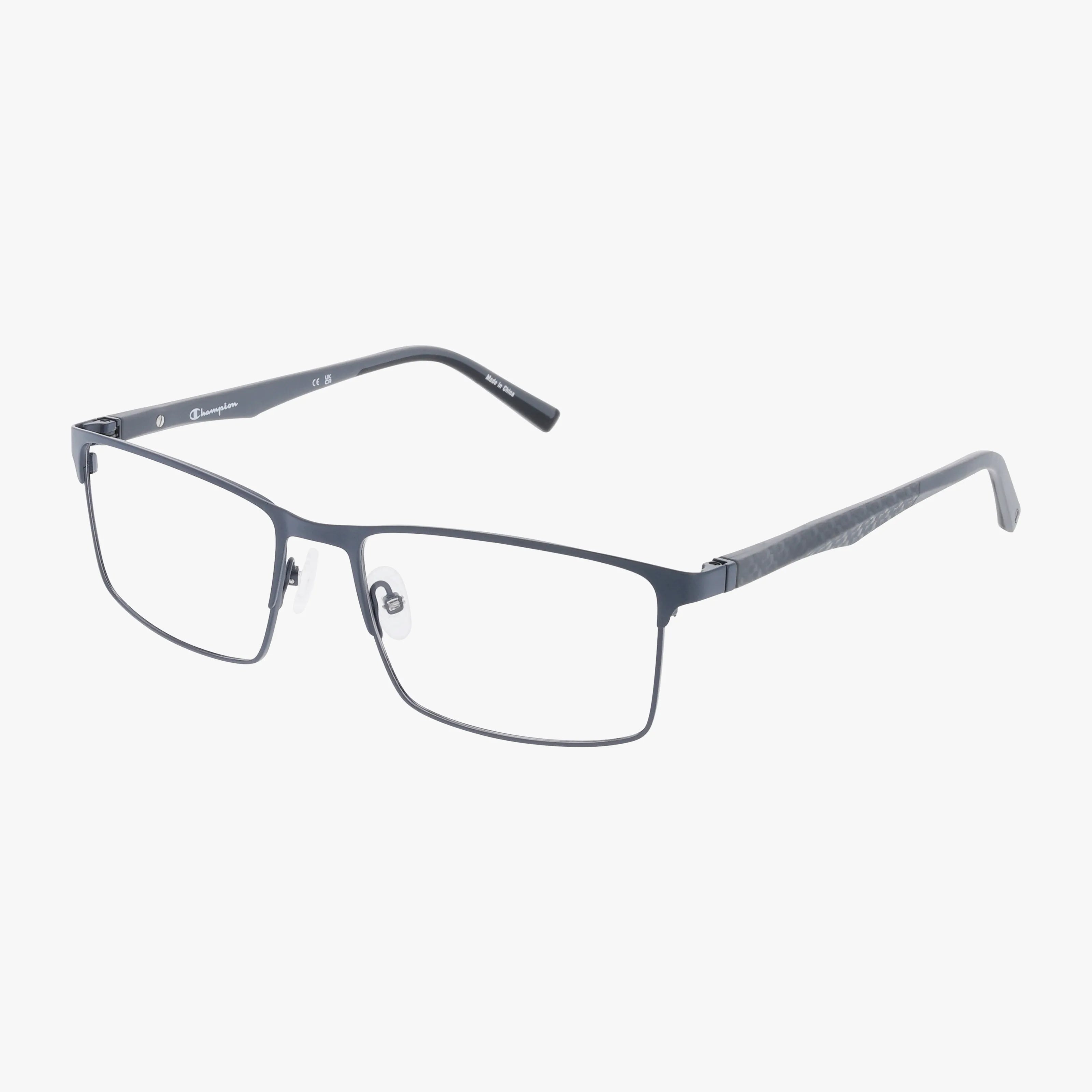 The Champion FL4002 features rectangular, thin-framed fashion eyewear with a durable grey matte metal frame, clear nose pads, and straight temples with a subtle textured pattern set against a plain white background.