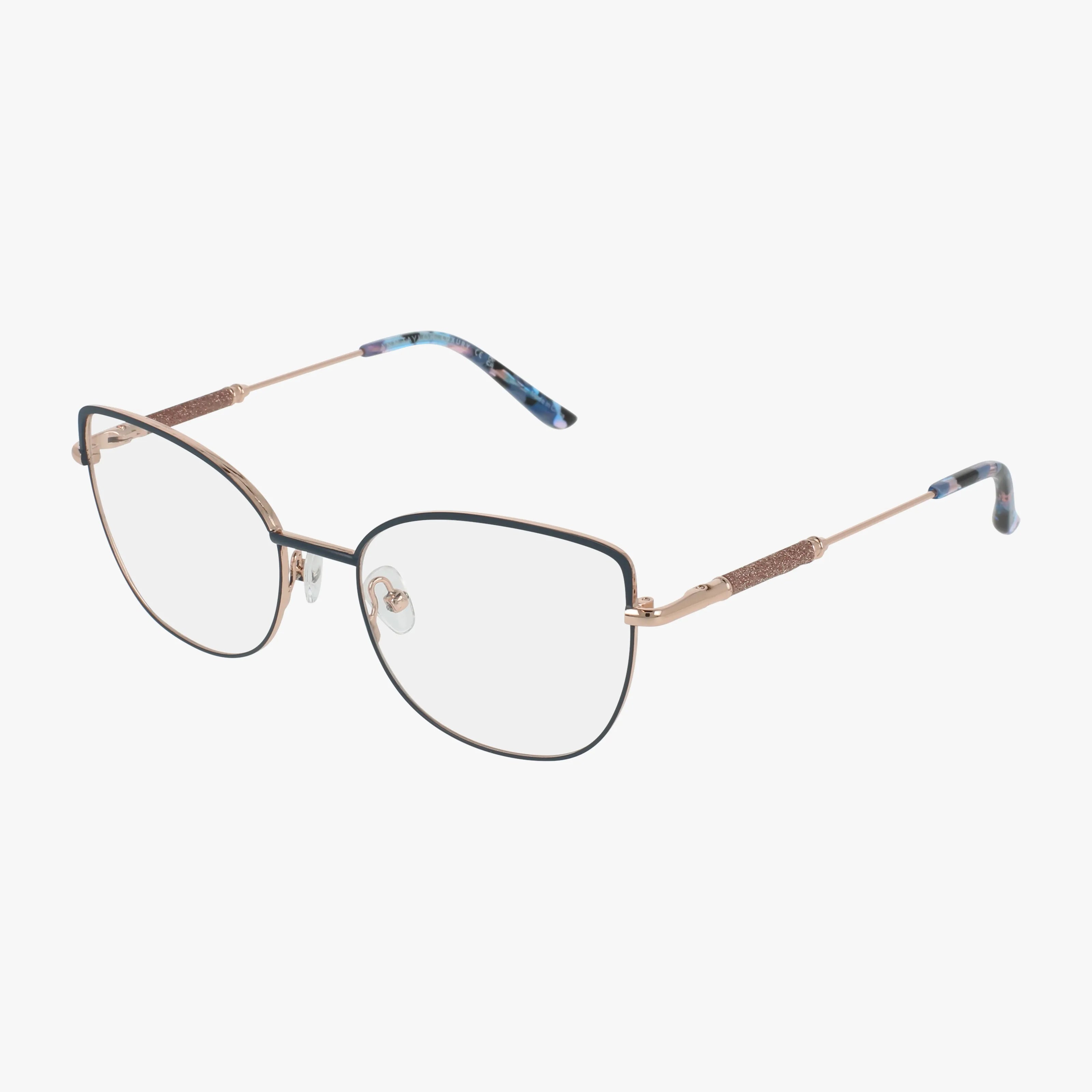The Ann Taylor 30 eyeglasses feature a modern Blue Gold frame with thin gold metal, black rims, blue-patterned tips, durable nose pads, and subtle cat-eye lenses. Prescription lenses can be added.